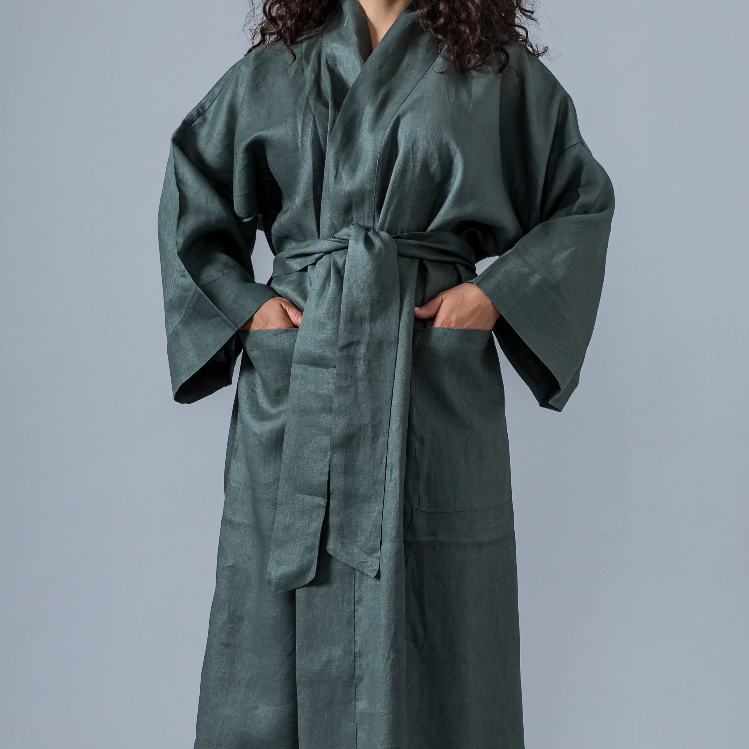 Linen Kimono Robe - Olive