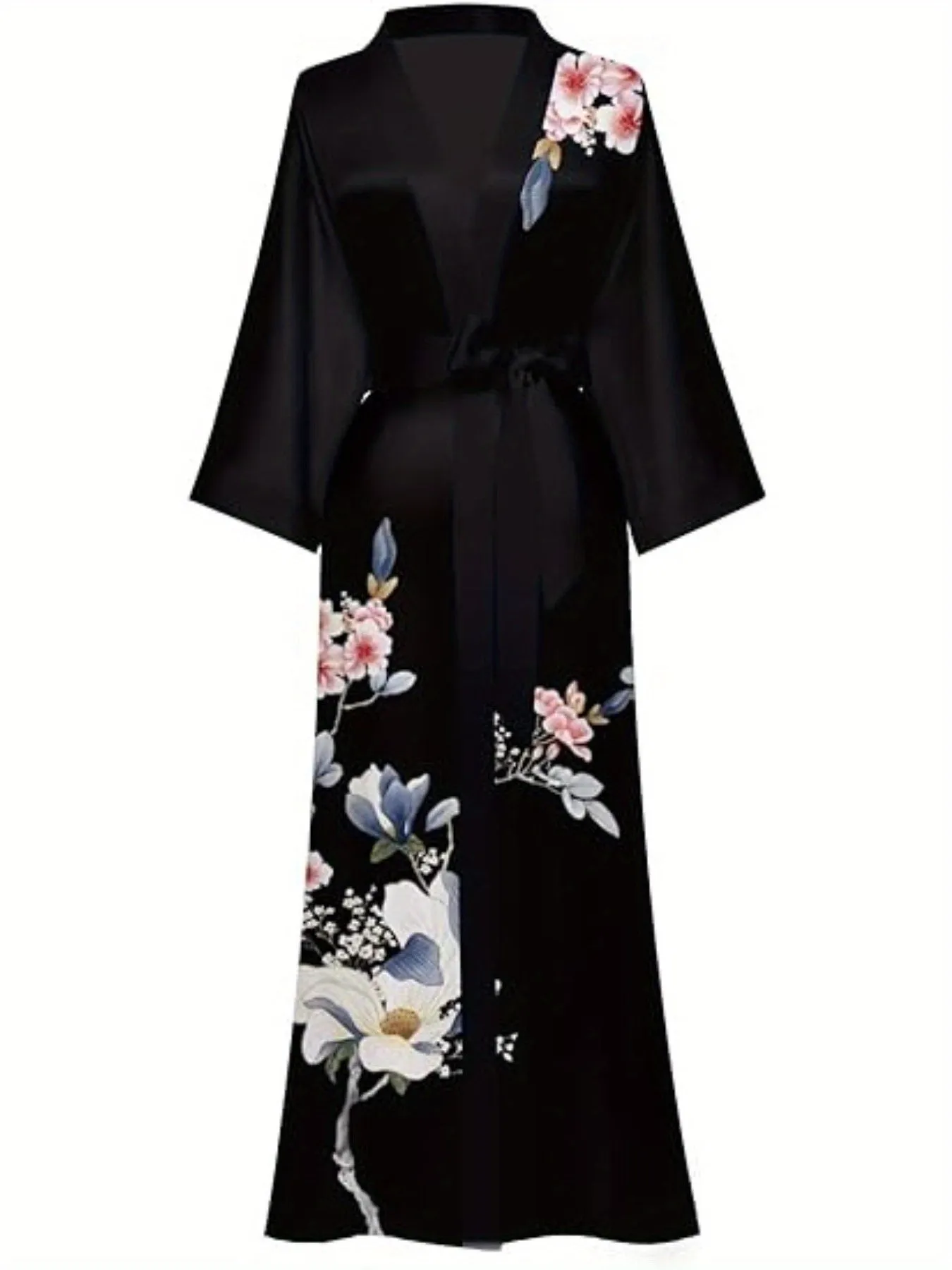 Long Floral Print Satin Kimono Bathrobe – Elegant & Lightweight Loungewear
