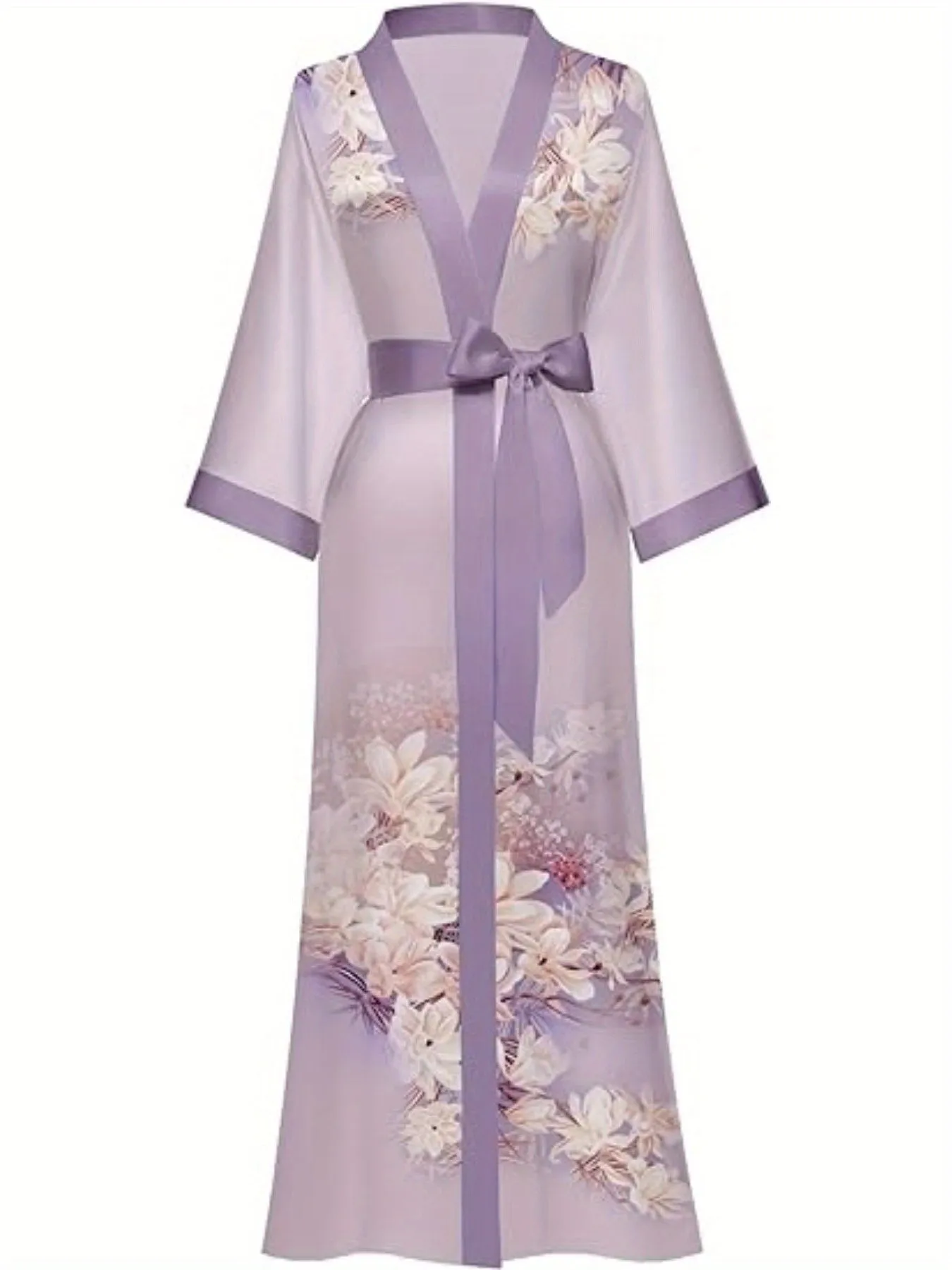Long Floral Print Satin Kimono Bathrobe – Elegant & Lightweight Loungewear
