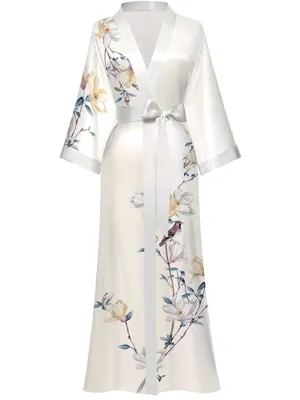 Long Floral Print Satin Kimono Bathrobe – Elegant & Lightweight Loungewear