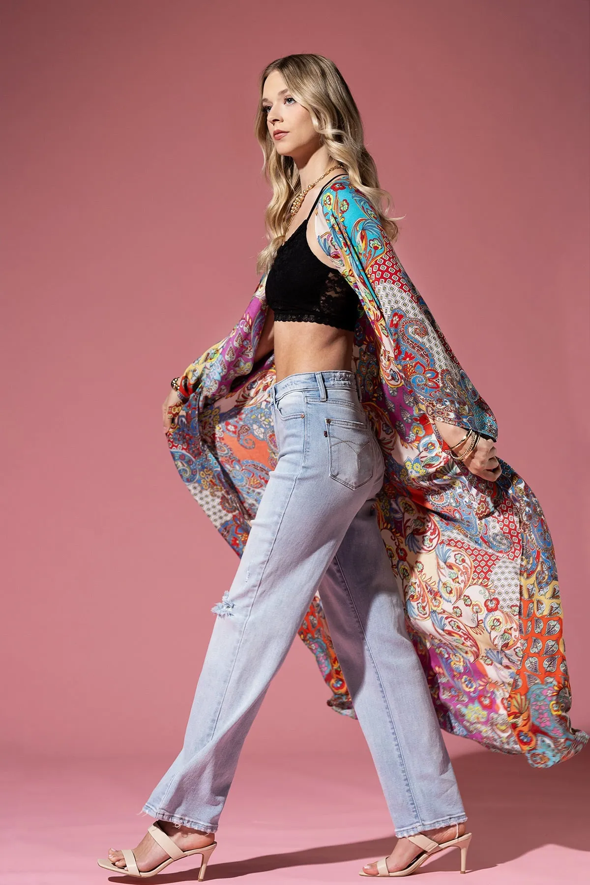 Long Kimono Cardigan with Vibrant Color