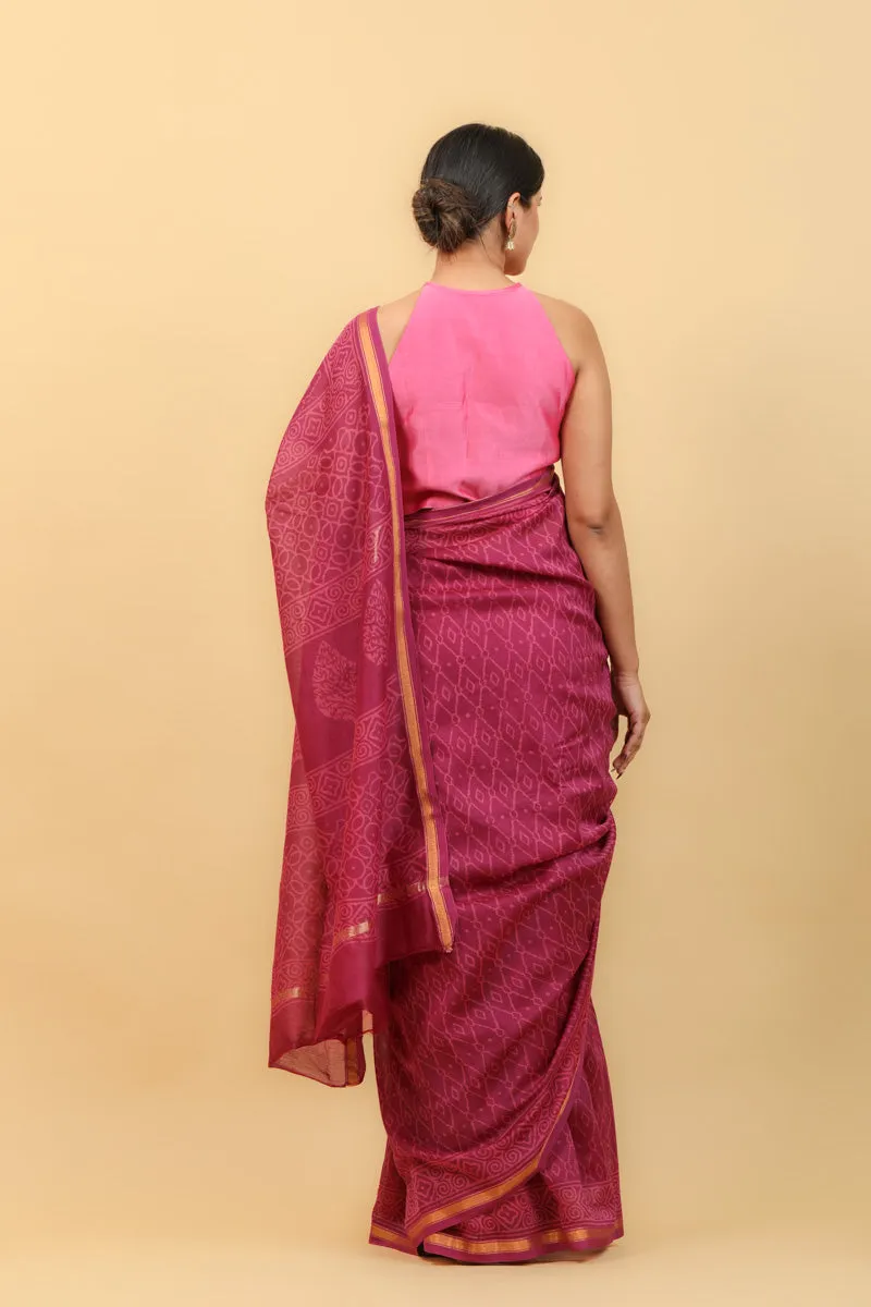 Magenta Chanderi Saree With Hand Block Print & Pencil Border