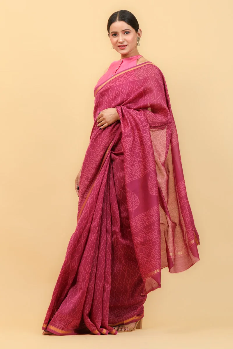Magenta Chanderi Saree With Hand Block Print & Pencil Border