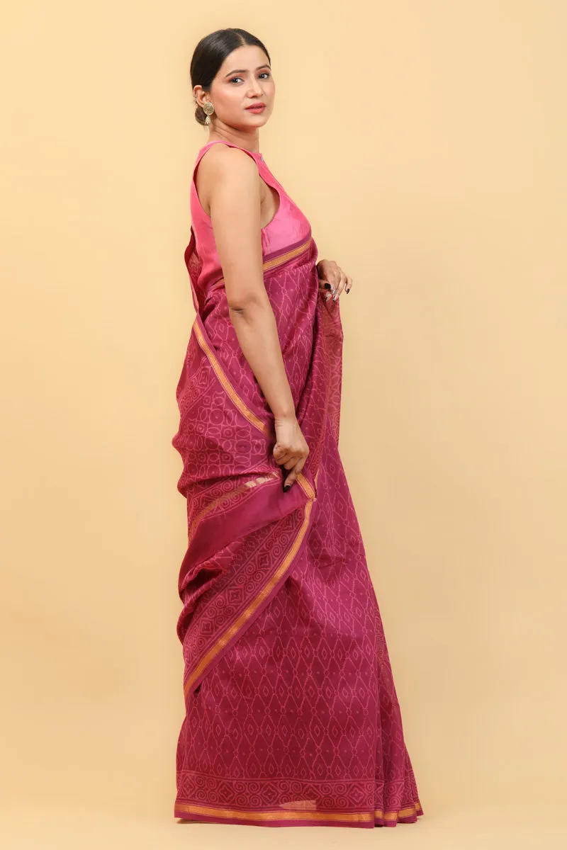 Magenta Chanderi Saree With Hand Block Print & Pencil Border