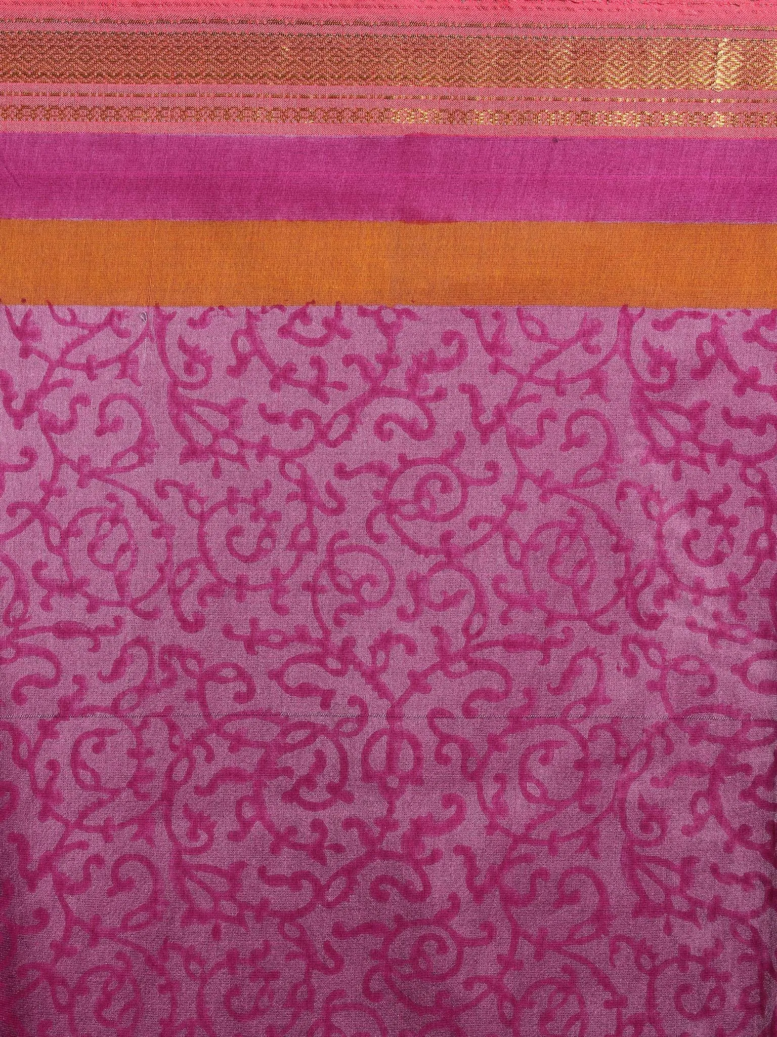 Magenta Maroon Mono Chanderi  Hand Block Printed Saree with Zari Border - S0317204