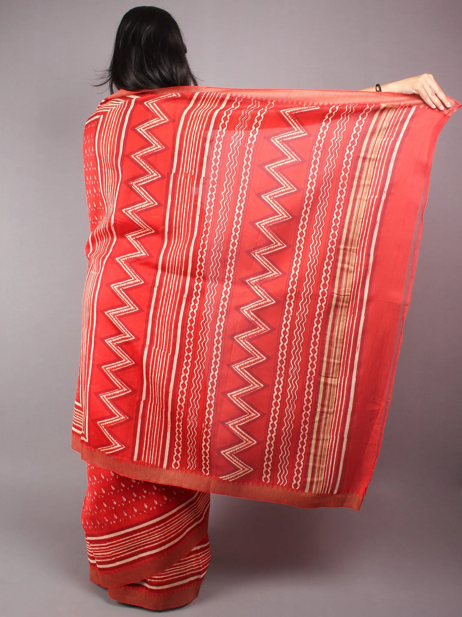 Maroon Beige Hand Block Printed in Natural Vegetable Colors Chanderi Saree With Geecha Border - S03170309