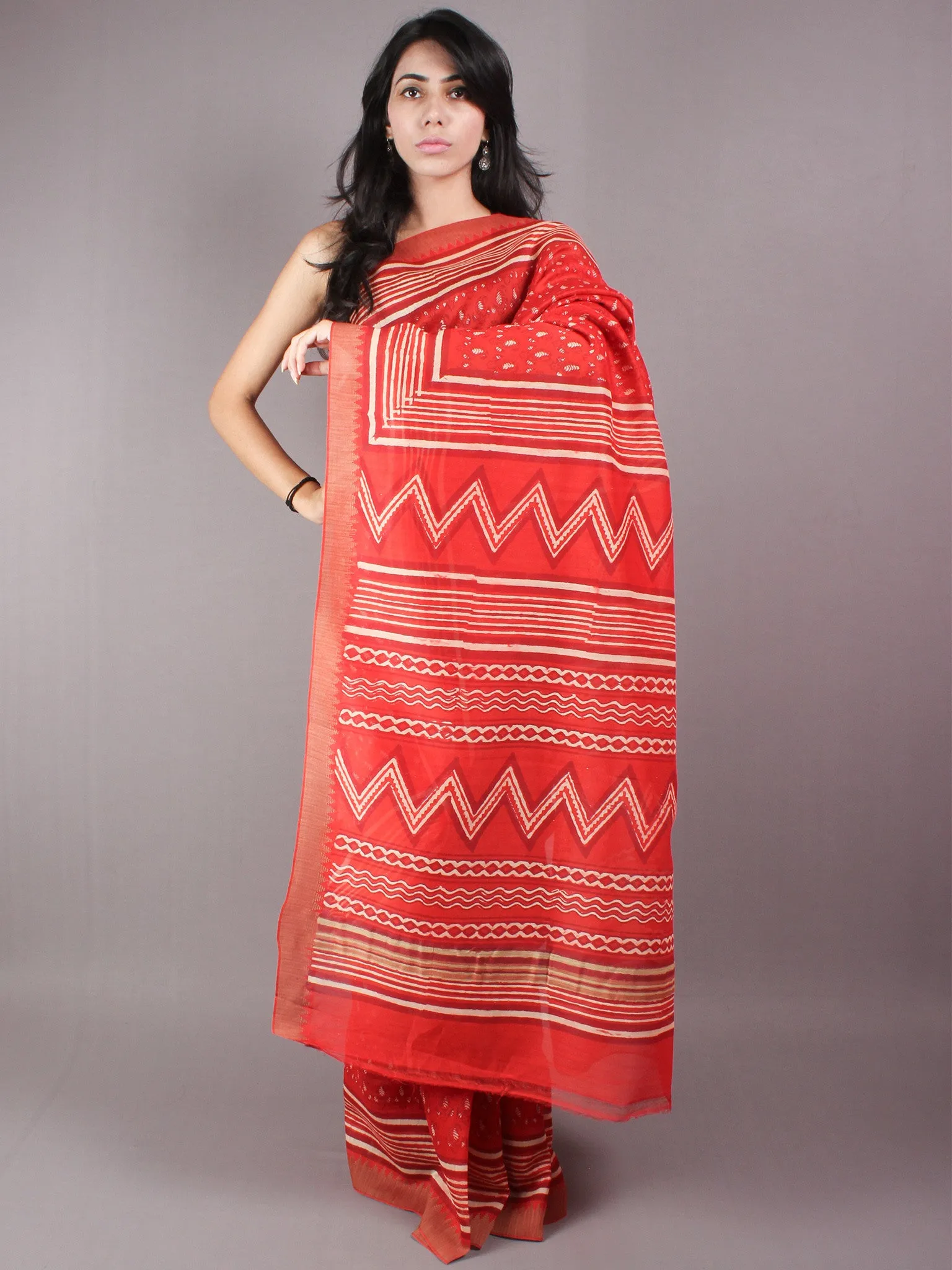 Maroon Beige Hand Block Printed in Natural Vegetable Colors Chanderi Saree With Geecha Border - S03170309
