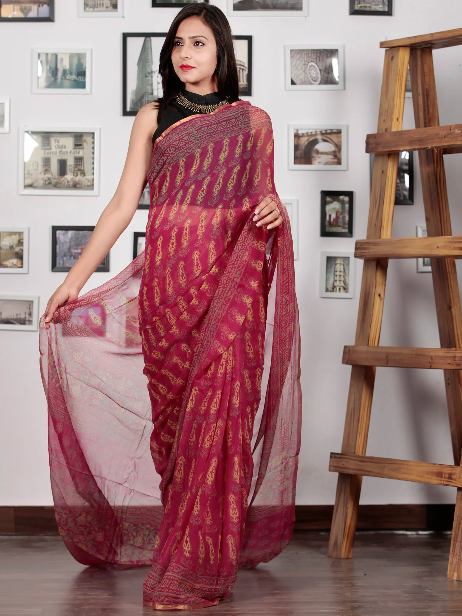 Maroon Green Yellow Hand Block Printed Chiffon Saree with Zari Border - S031702743
