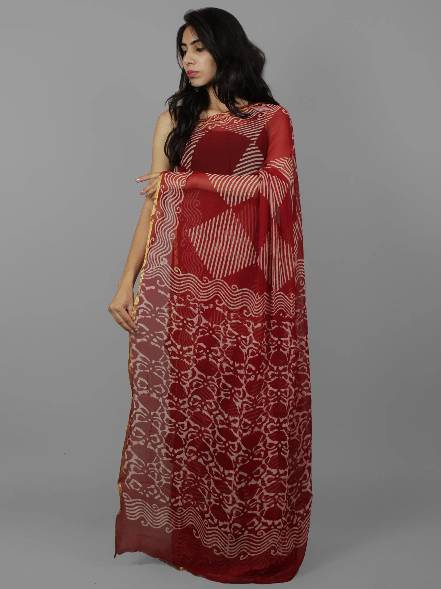 Maroon Ivory Hand Block Printed Chiffon Saree - S031702087