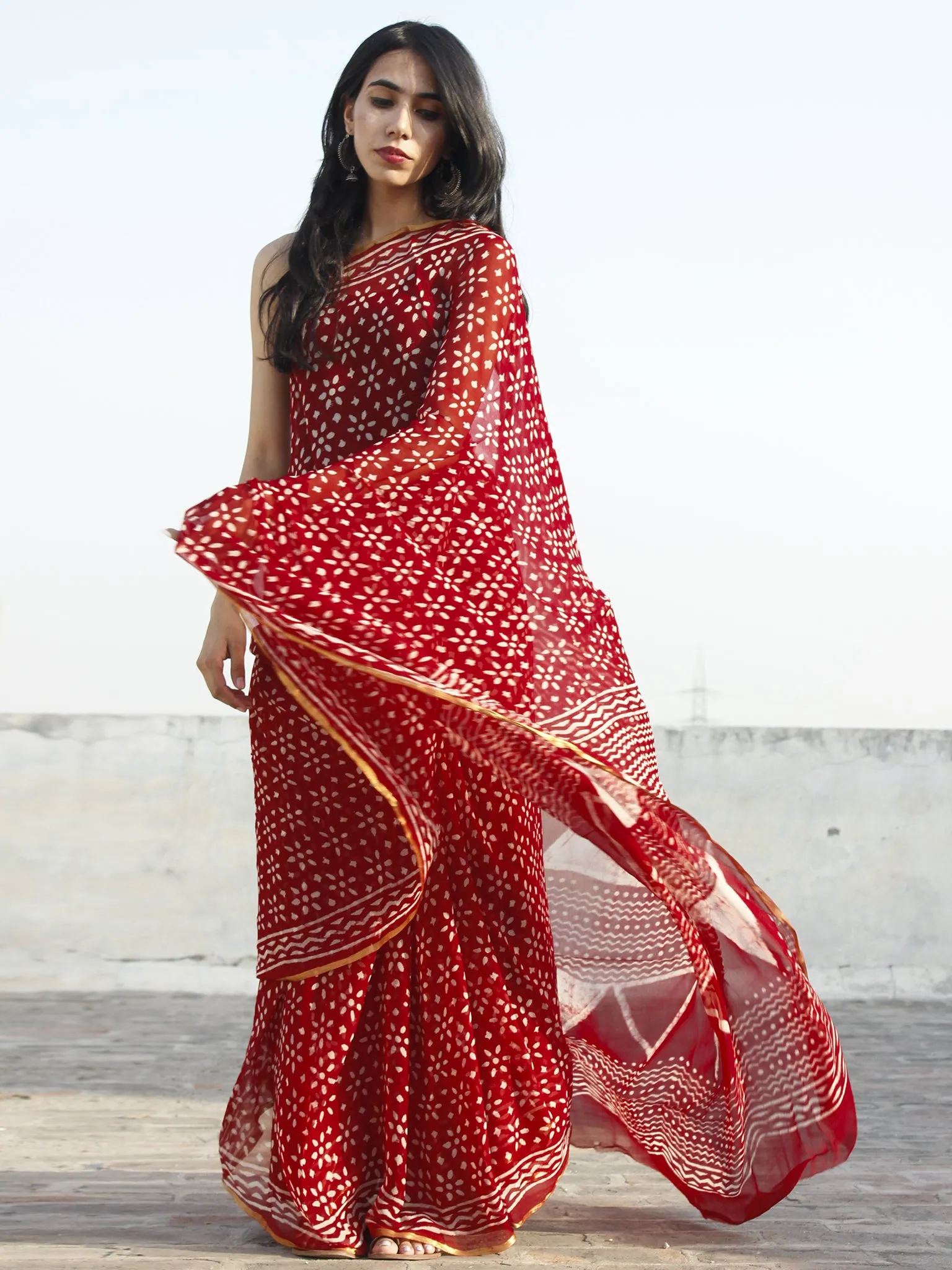 Maroon Ivory Hand Block Printed Chiffon Saree - S031702338
