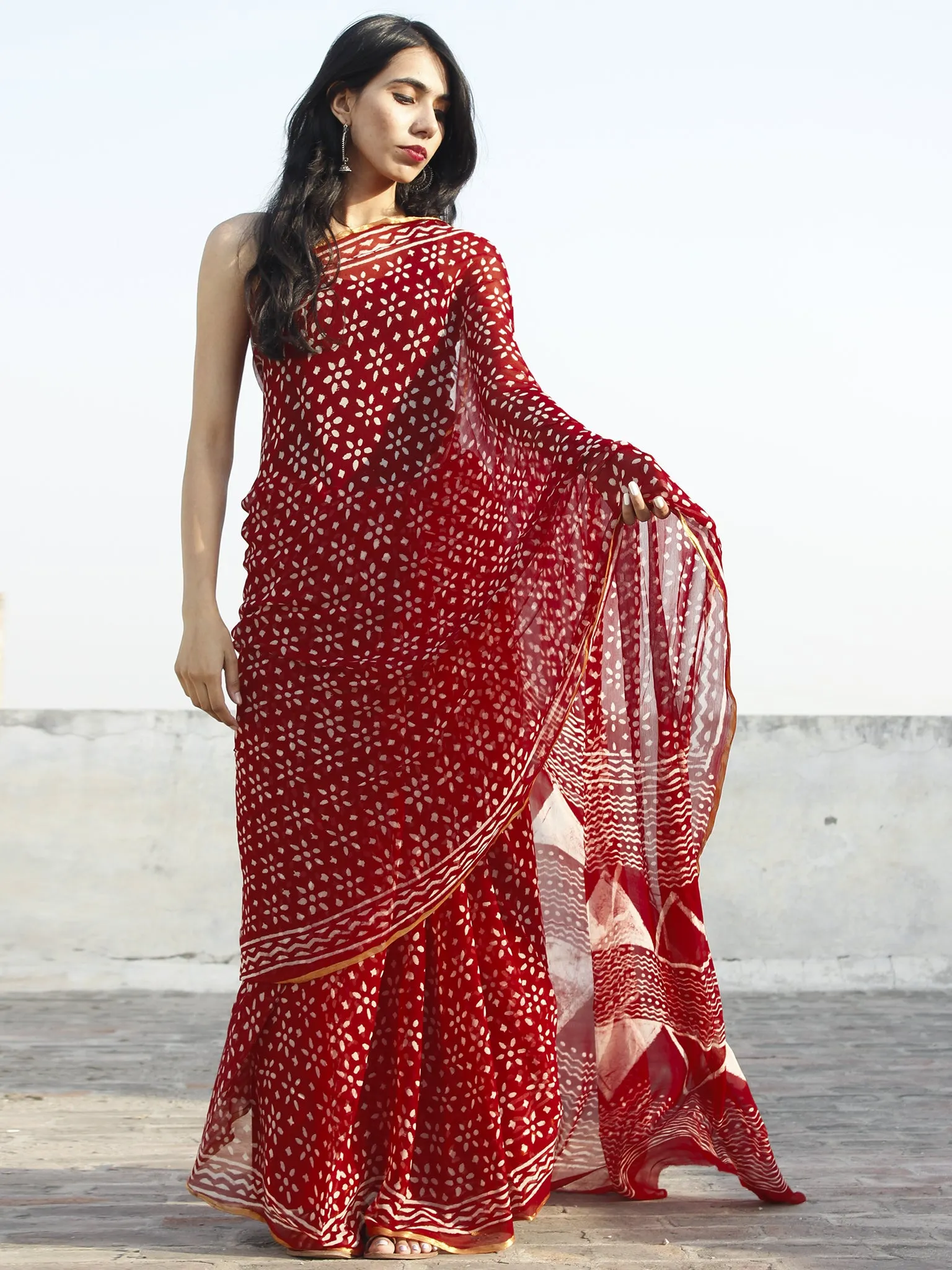 Maroon Ivory Hand Block Printed Chiffon Saree - S031702338