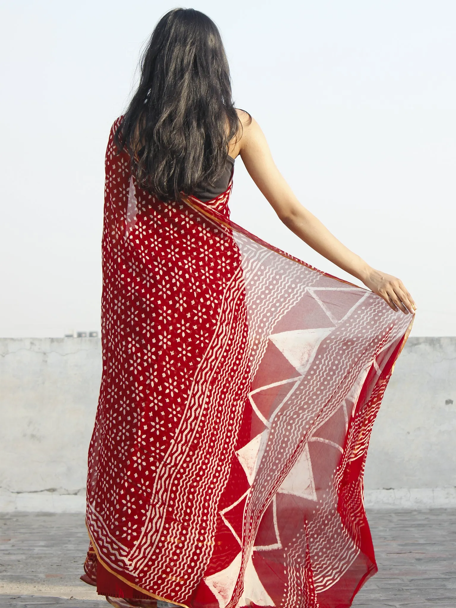 Maroon Ivory Hand Block Printed Chiffon Saree - S031702338