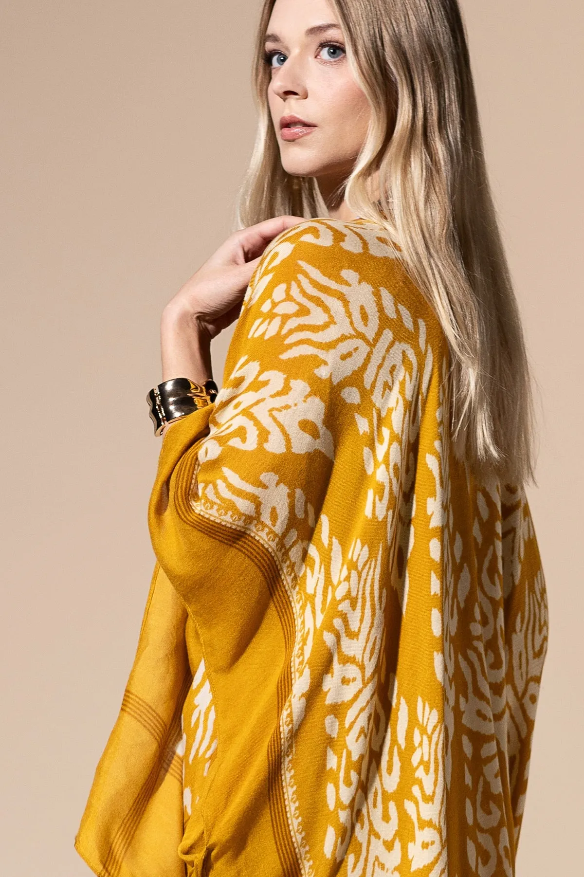 Mustard Yellow Long Kimono Duster with Damask Print