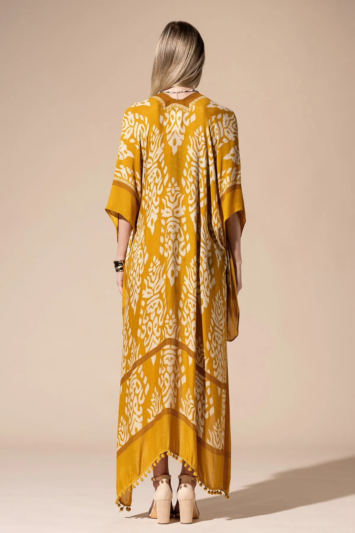 Mustard Yellow Long Kimono Duster with Damask Print