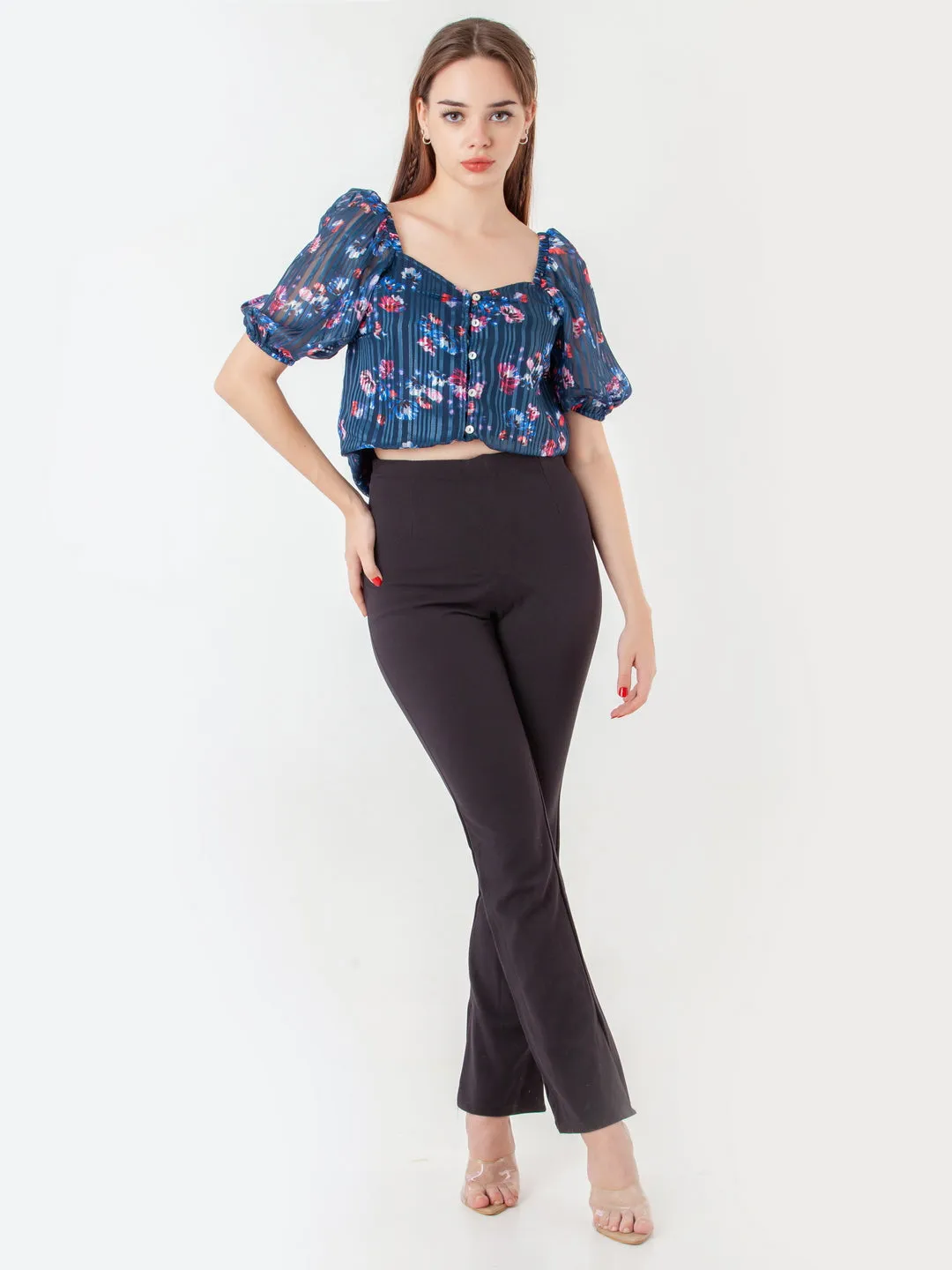 Navy Blue Printed Straight Top