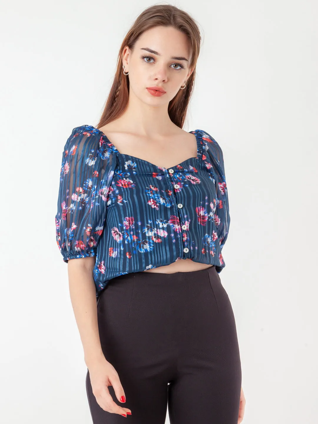 Navy Blue Printed Straight Top