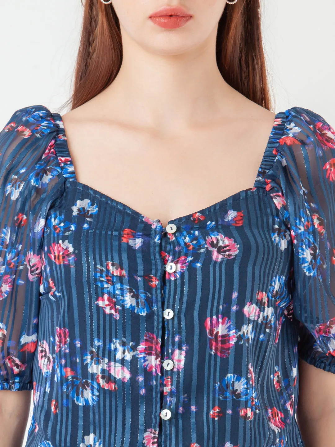 Navy Blue Printed Straight Top