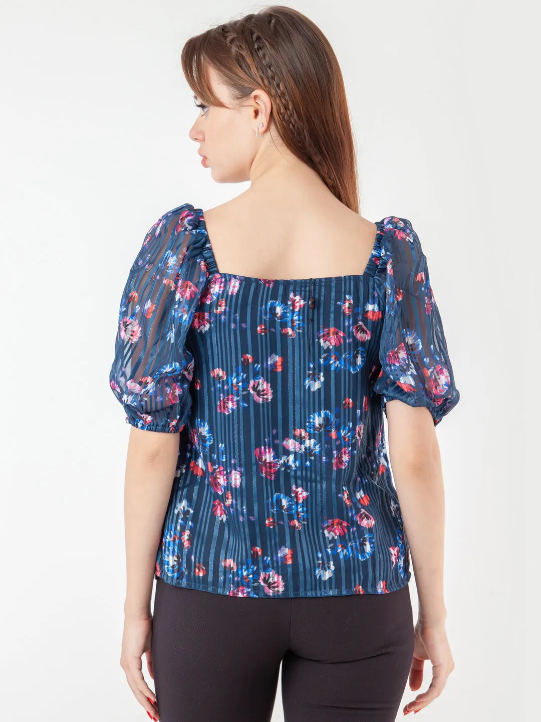 Navy Blue Printed Straight Top
