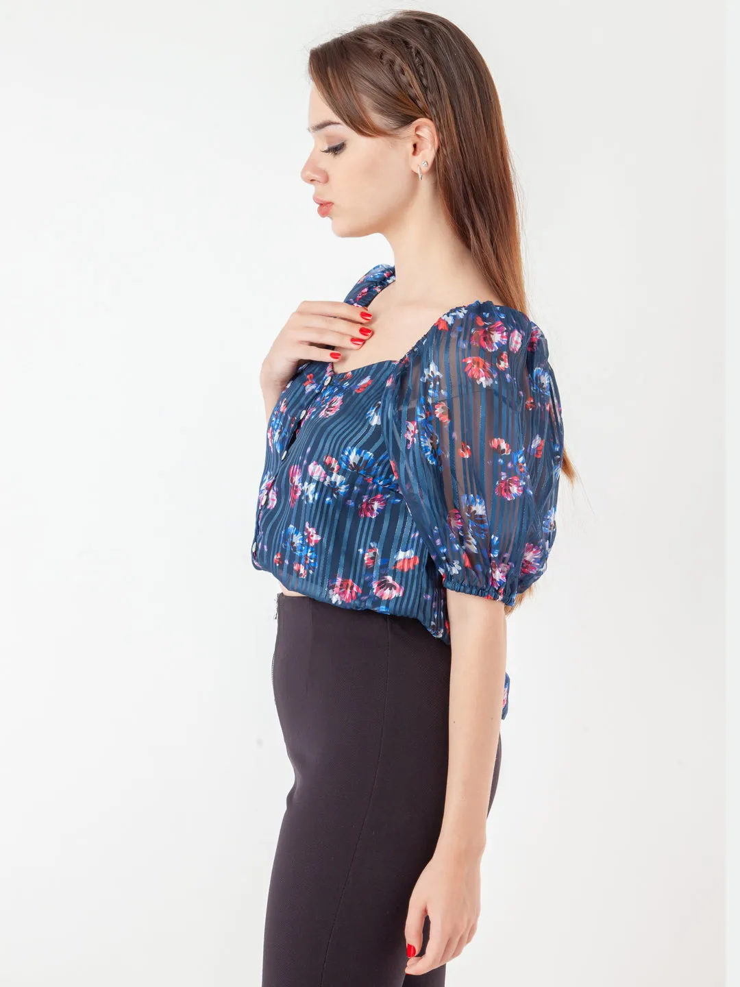 Navy Blue Printed Straight Top