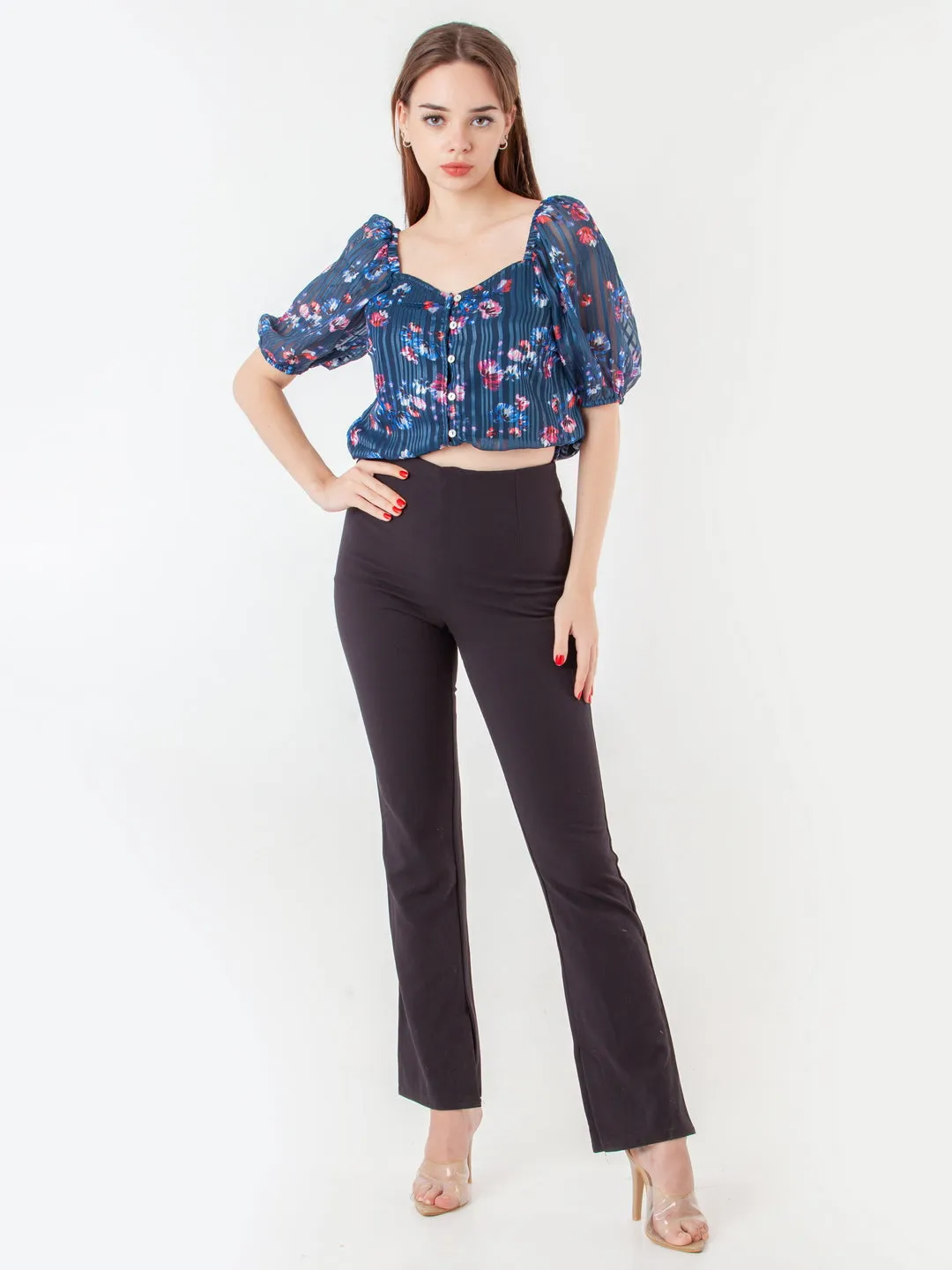 Navy Blue Printed Straight Top