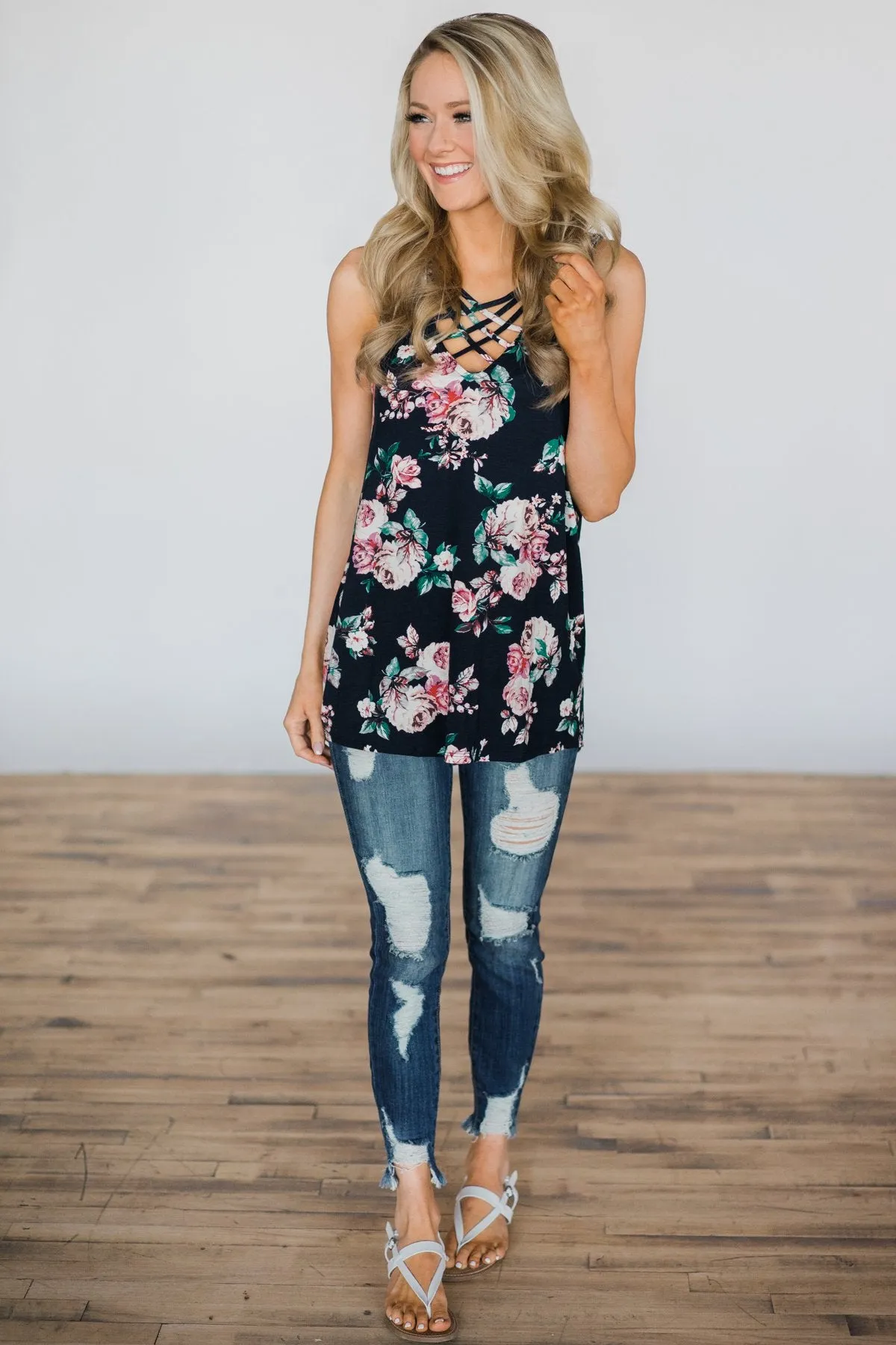 No Better Time Navy Floral Tank Top
