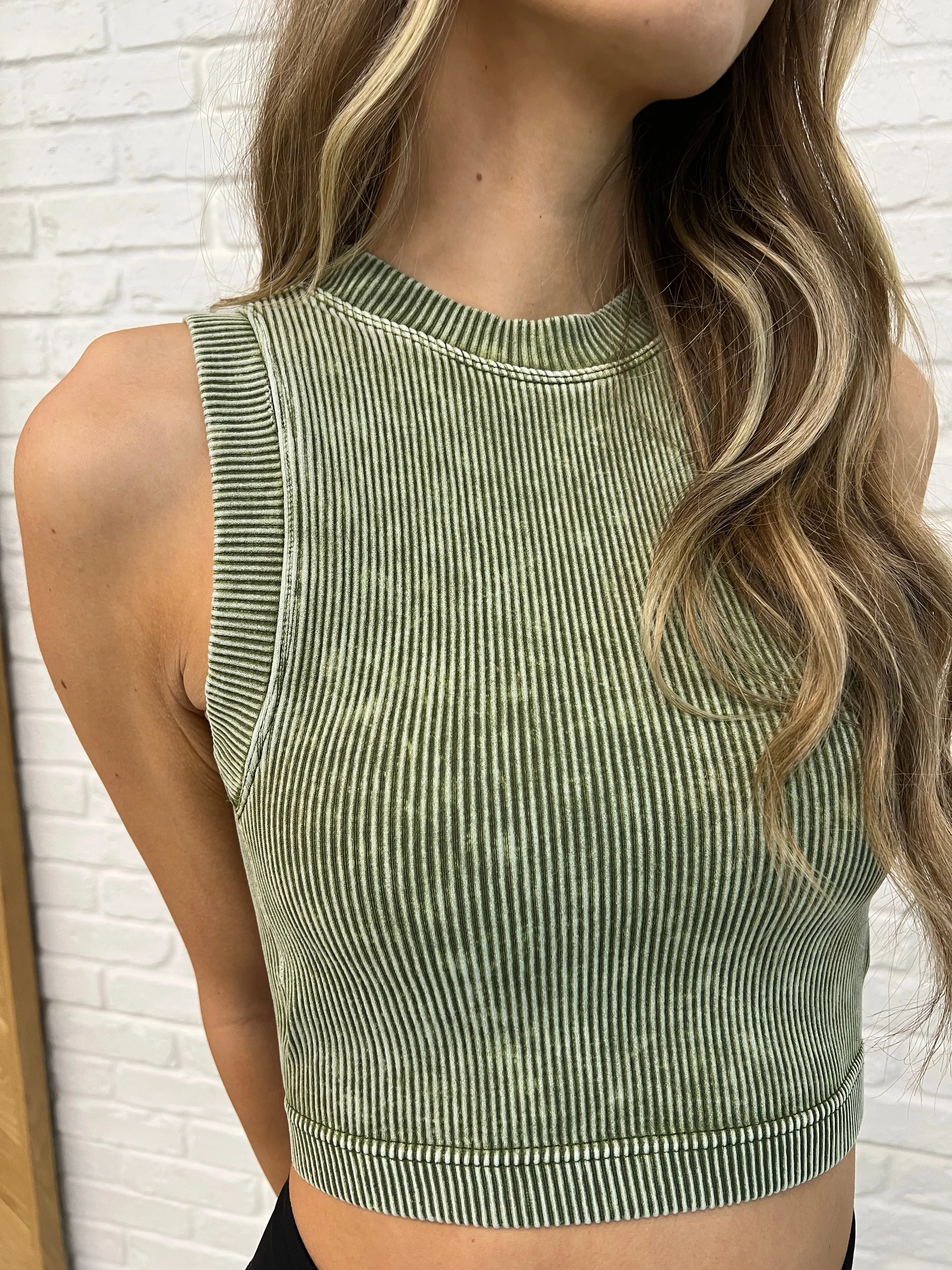 Over and Out Cropped Ribbed Tank in Ash Olive - 2/10