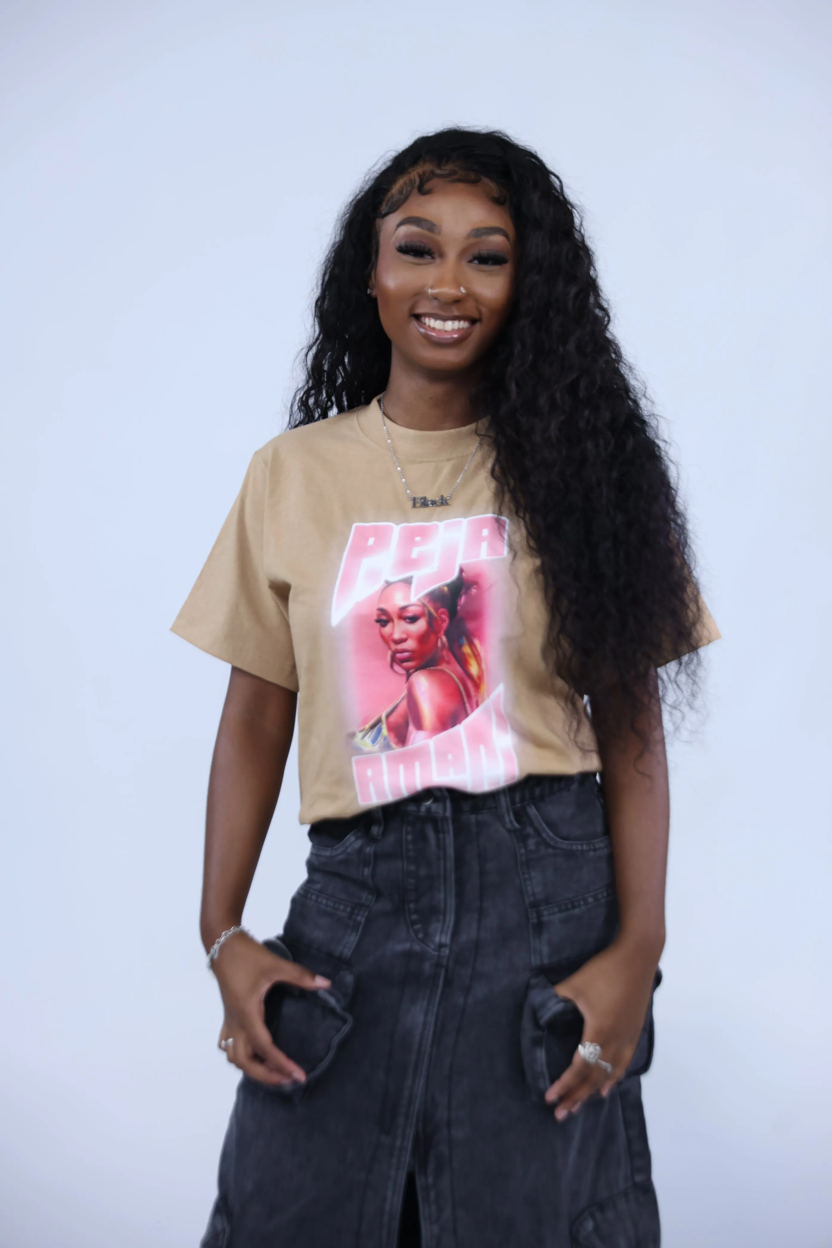 P&A Tan And Pink Oversized Graphic Tee