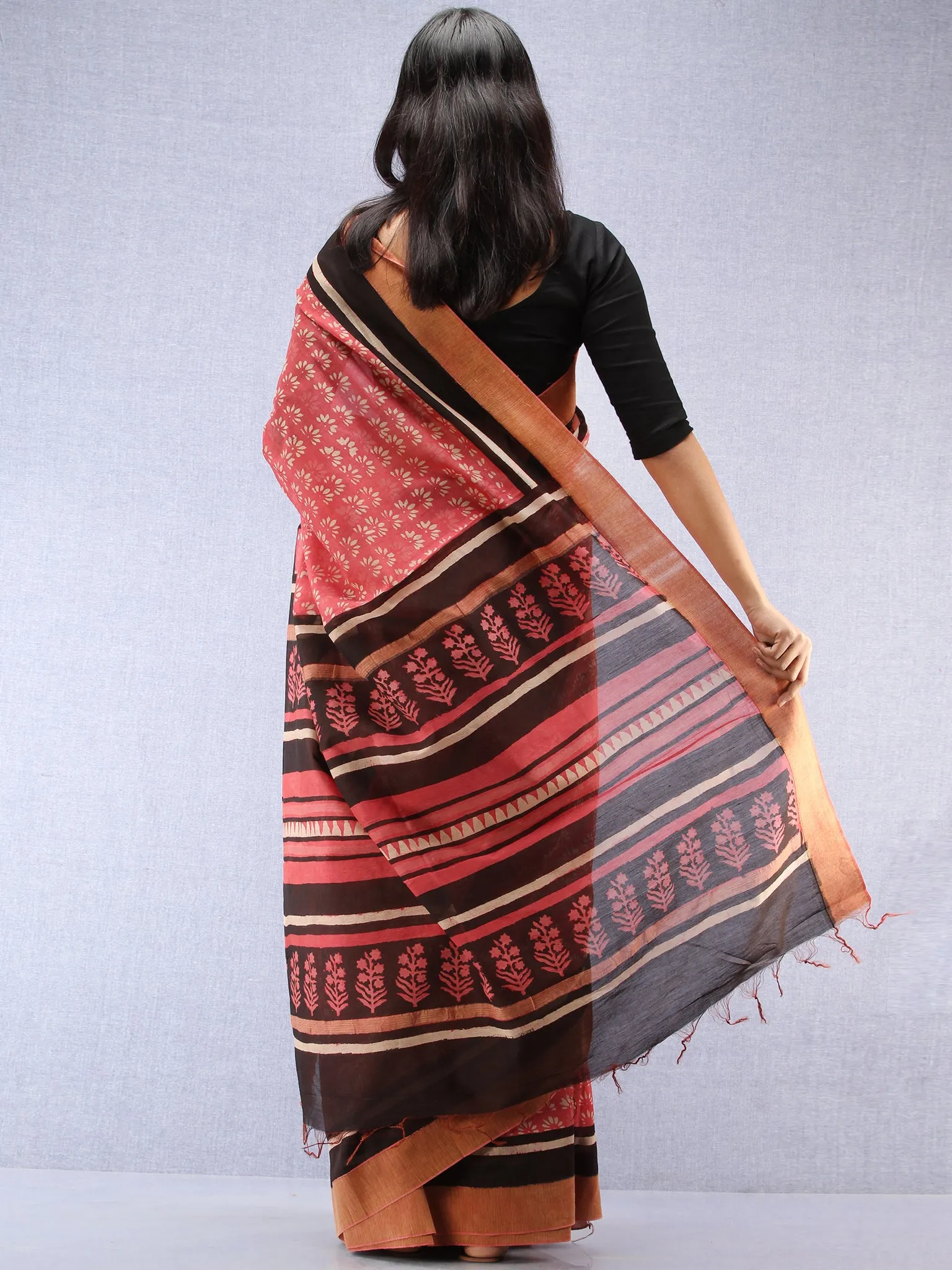 Pastel Pink Ivory Black Hand Block Printed Chanderi Saree With Geecha Border - S031704526