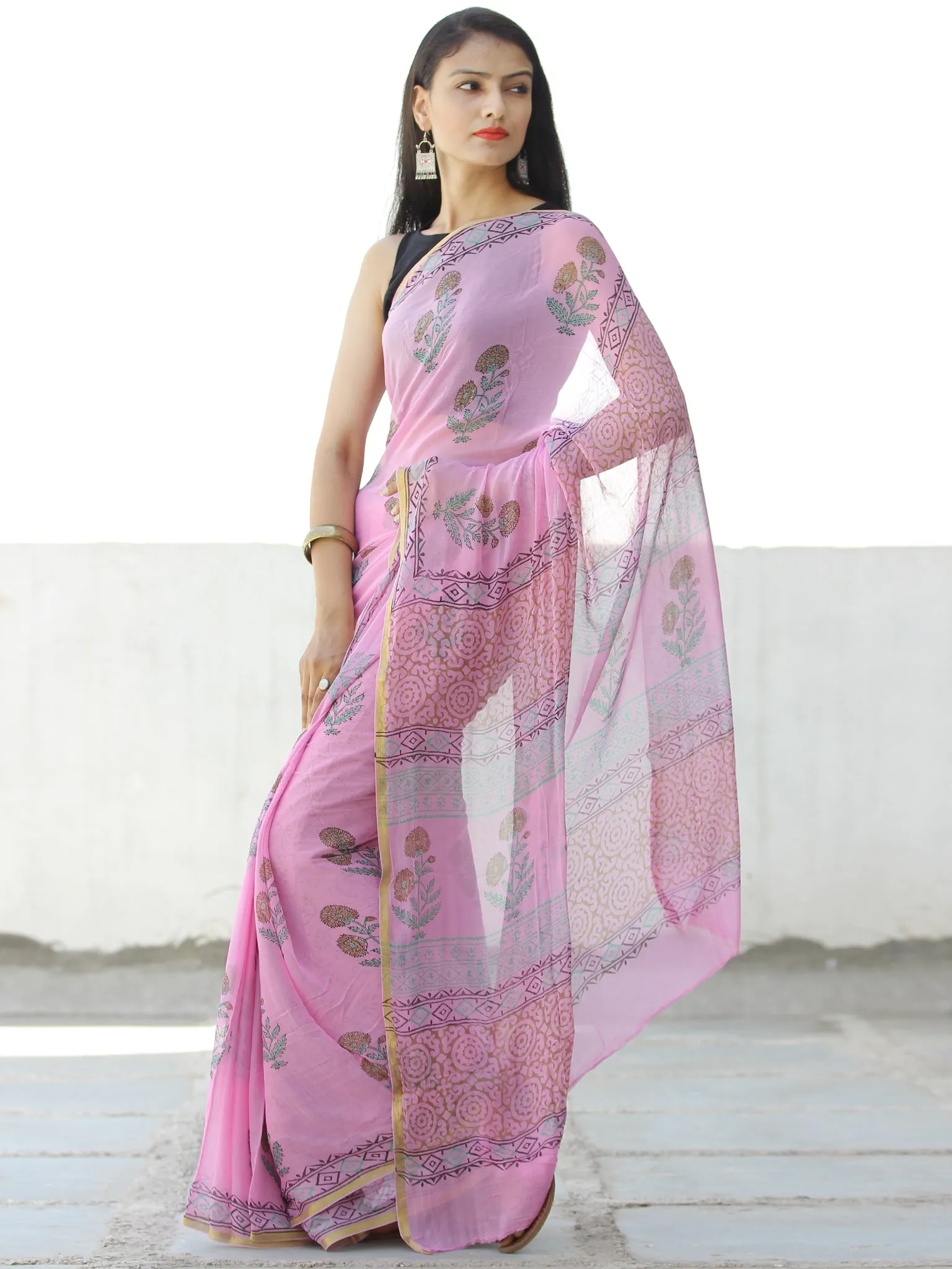 Pink Mustard Green Hand Block Printed Chiffon Saree with Zari Border - S031703961