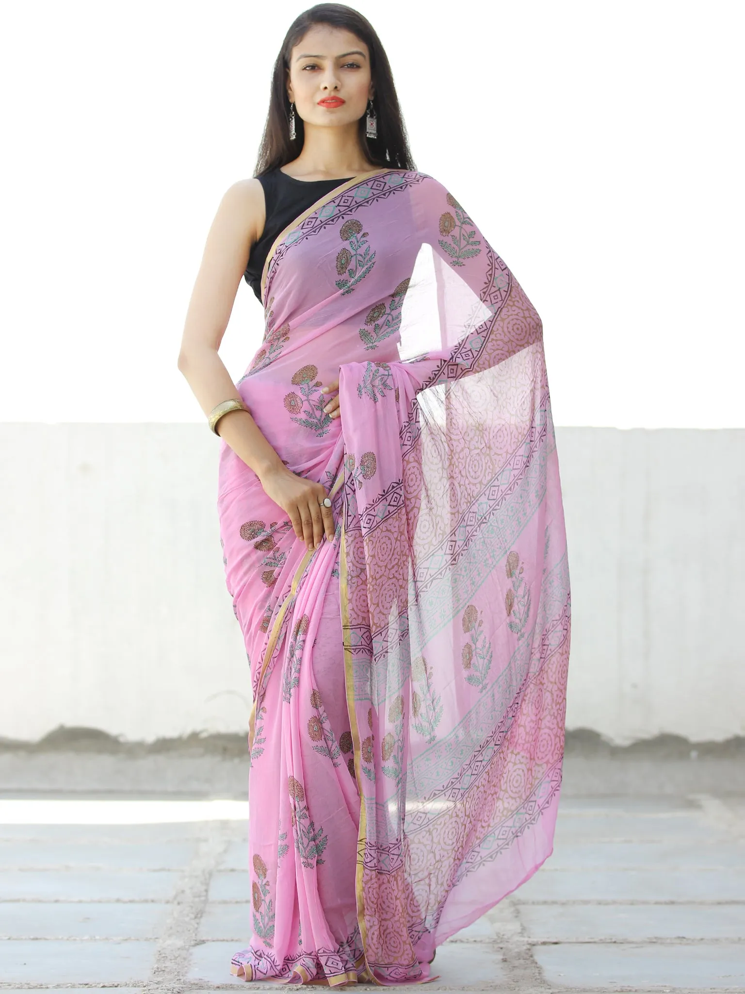 Pink Mustard Green Hand Block Printed Chiffon Saree with Zari Border - S031703961