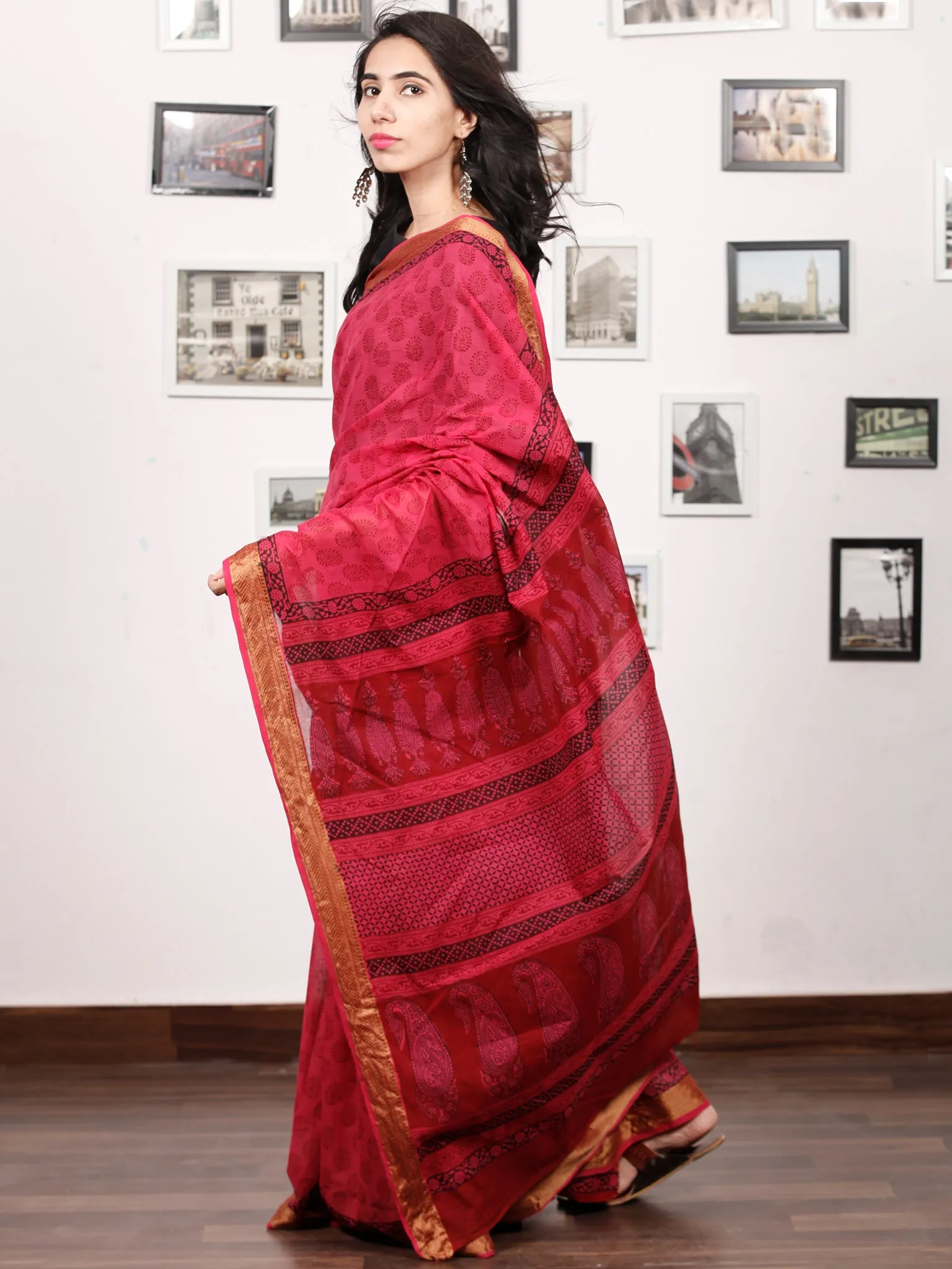 Pink Rust Black Bagh Printed Maheshwari Cotton Saree - S031703328