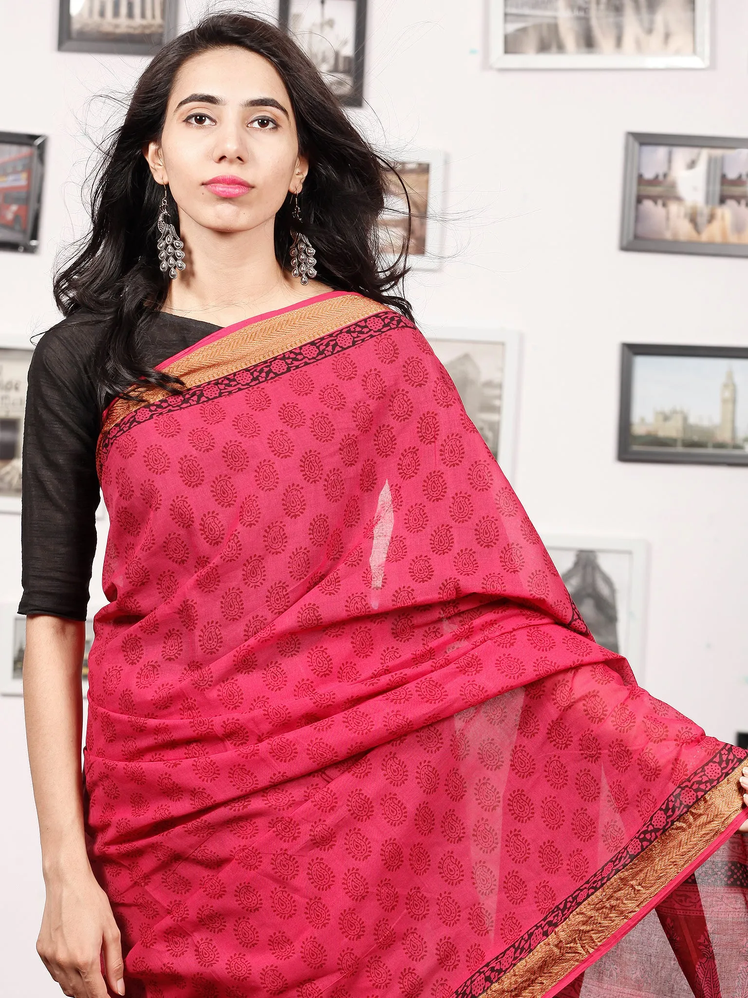 Pink Rust Black Bagh Printed Maheshwari Cotton Saree - S031703328