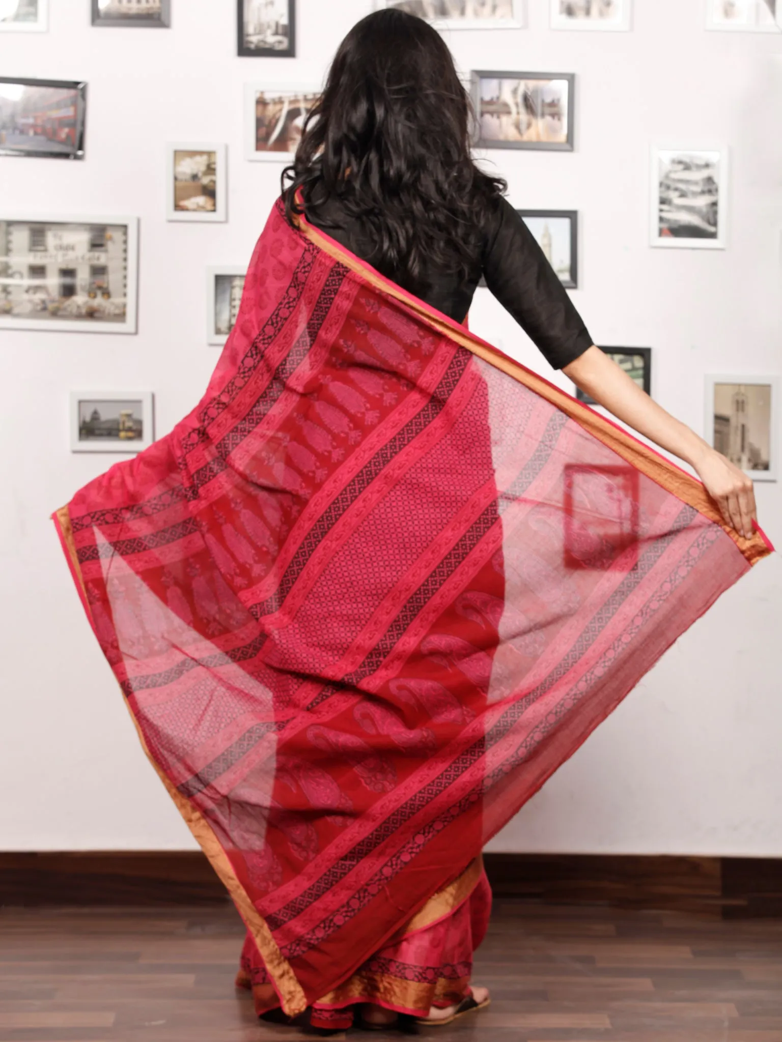 Pink Rust Black Bagh Printed Maheshwari Cotton Saree - S031703328