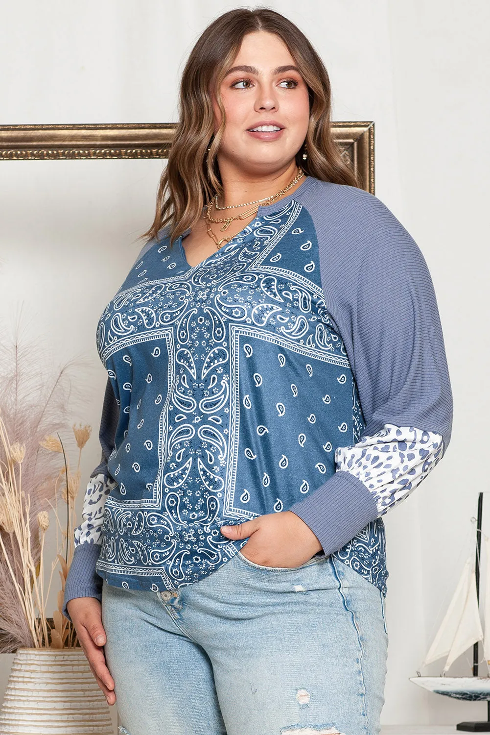 Plus Size V-Hals Gedrukte Raglanmouw Blouse