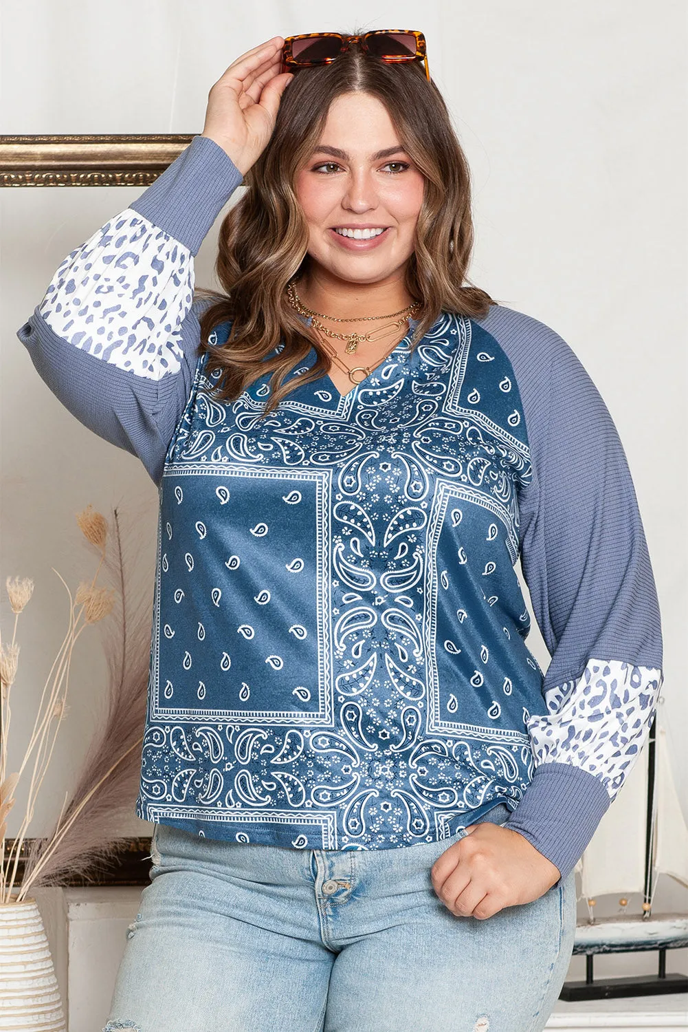 Plus Size V-Hals Gedrukte Raglanmouw Blouse