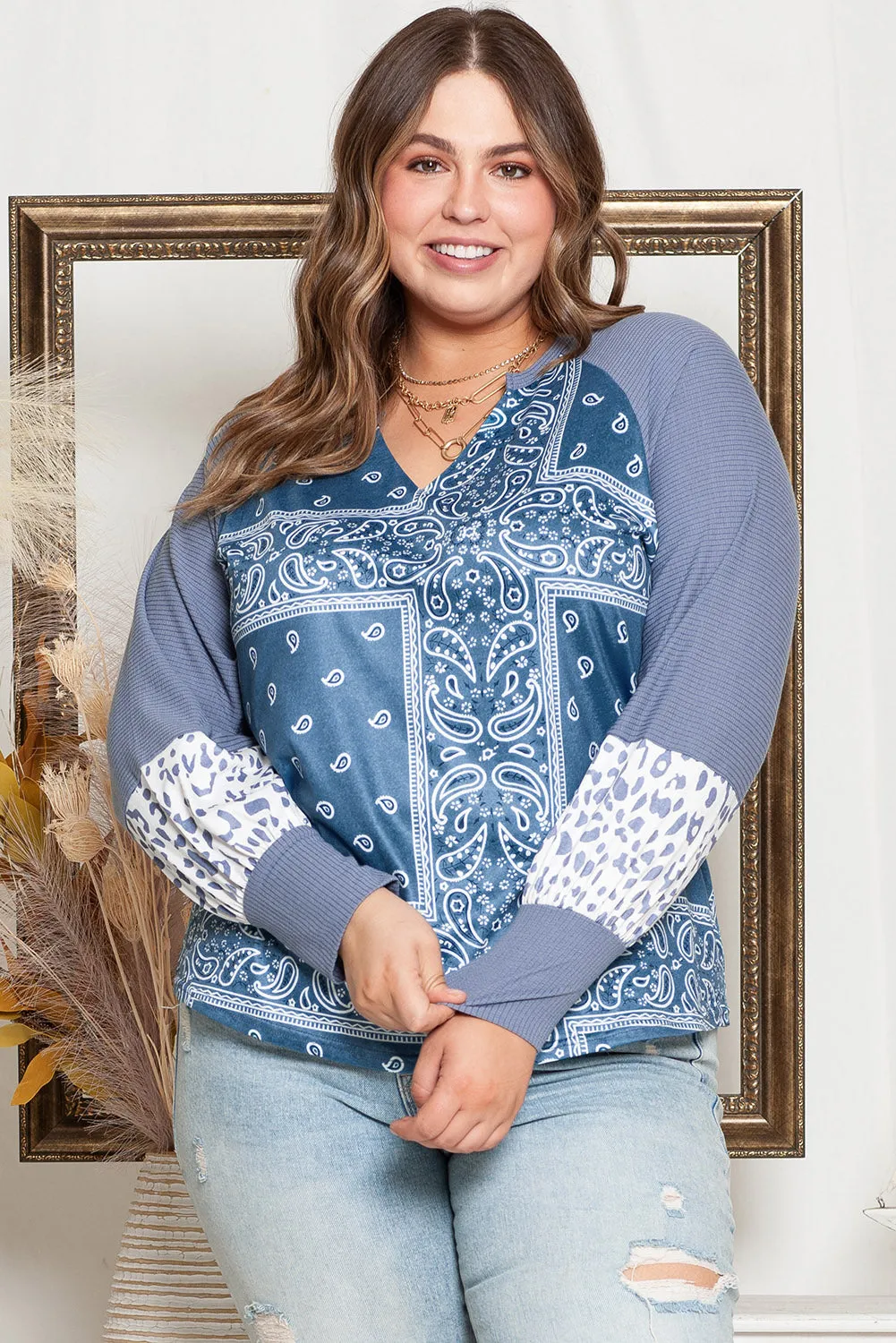 Plus Size V-Hals Gedrukte Raglanmouw Blouse