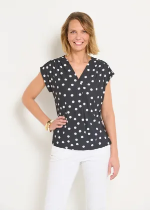 Polka dot print tunic with V-neck and kimono sleeves