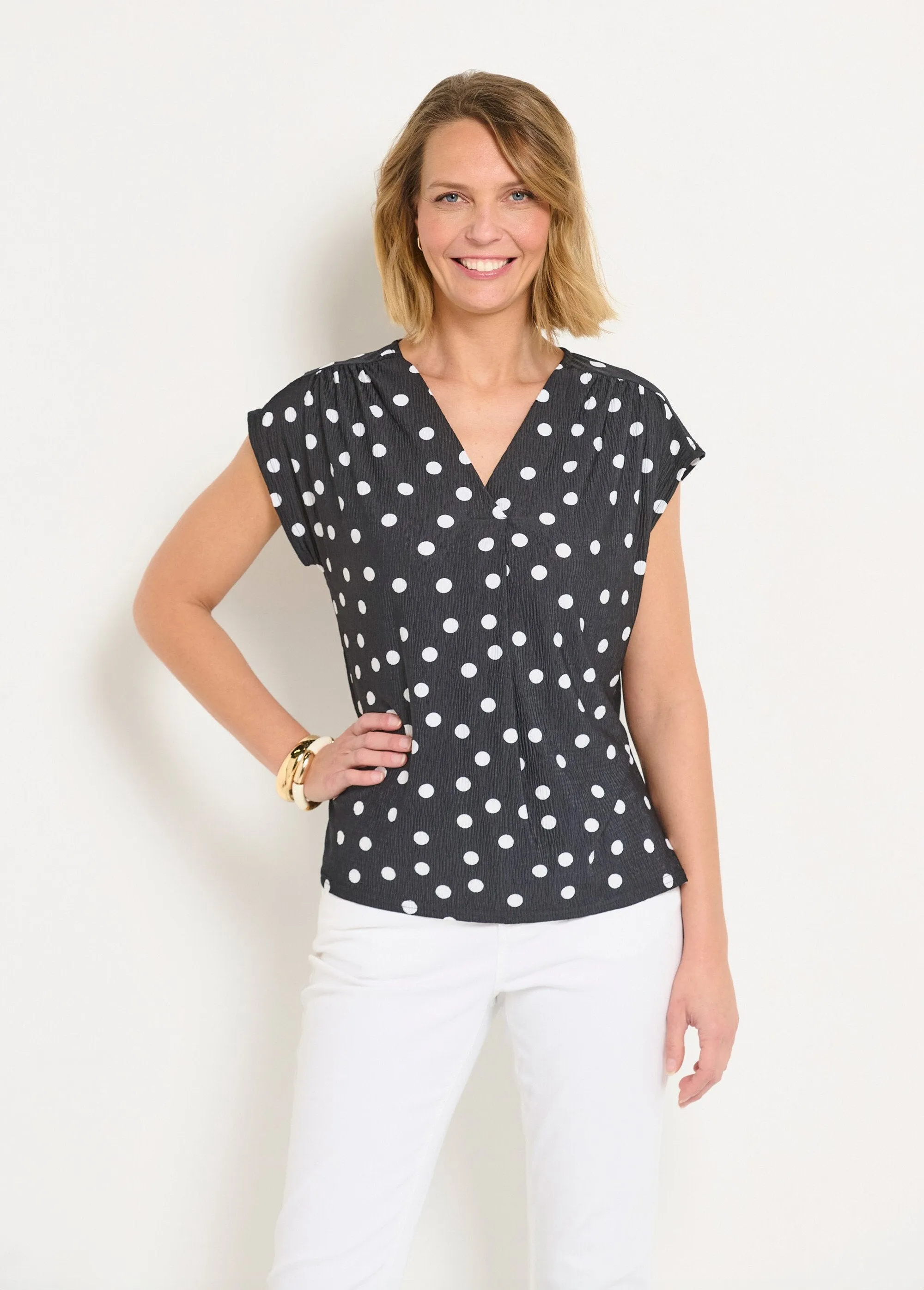 Polka dot print tunic with V-neck and kimono sleeves