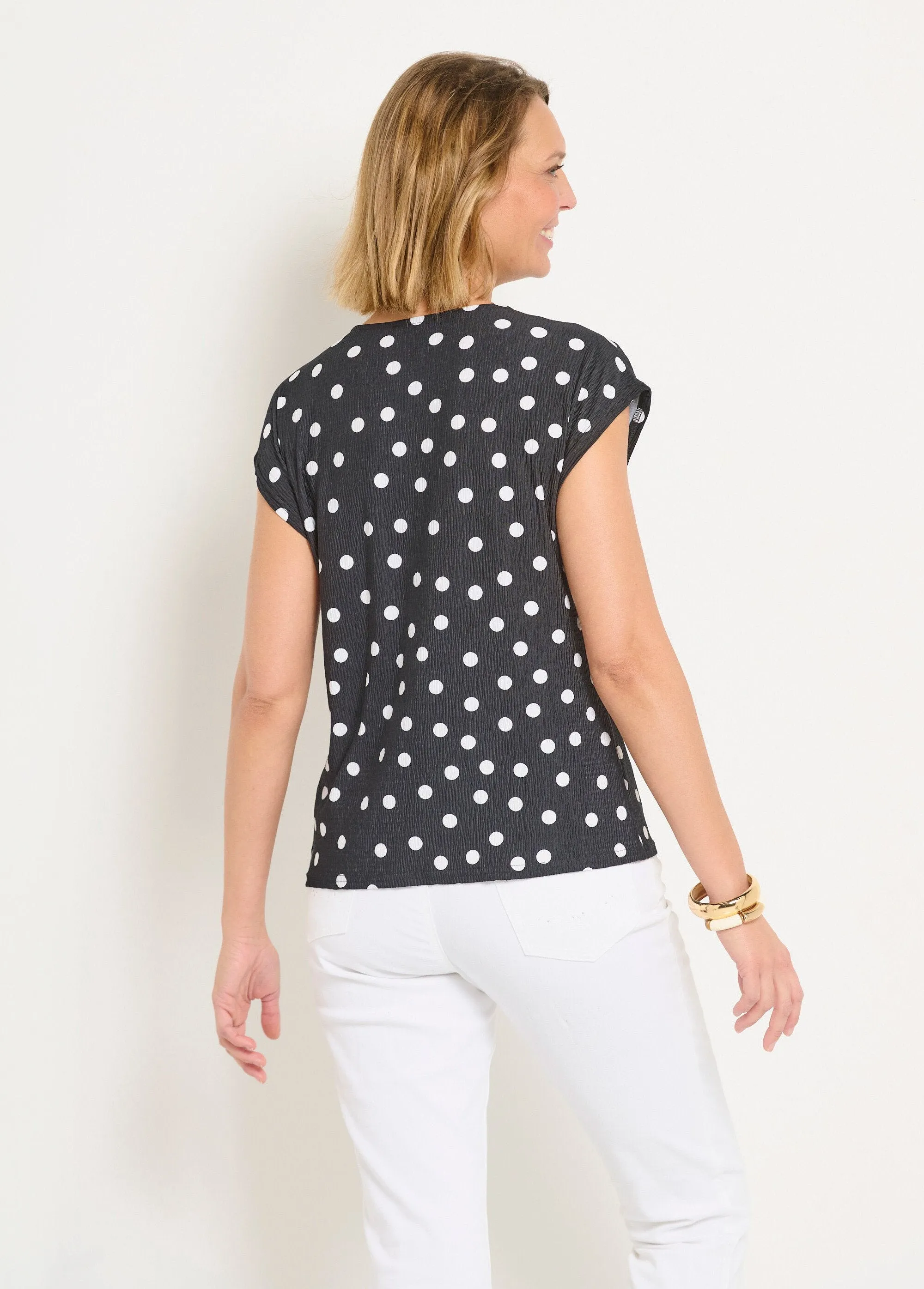 Polka dot print tunic with V-neck and kimono sleeves