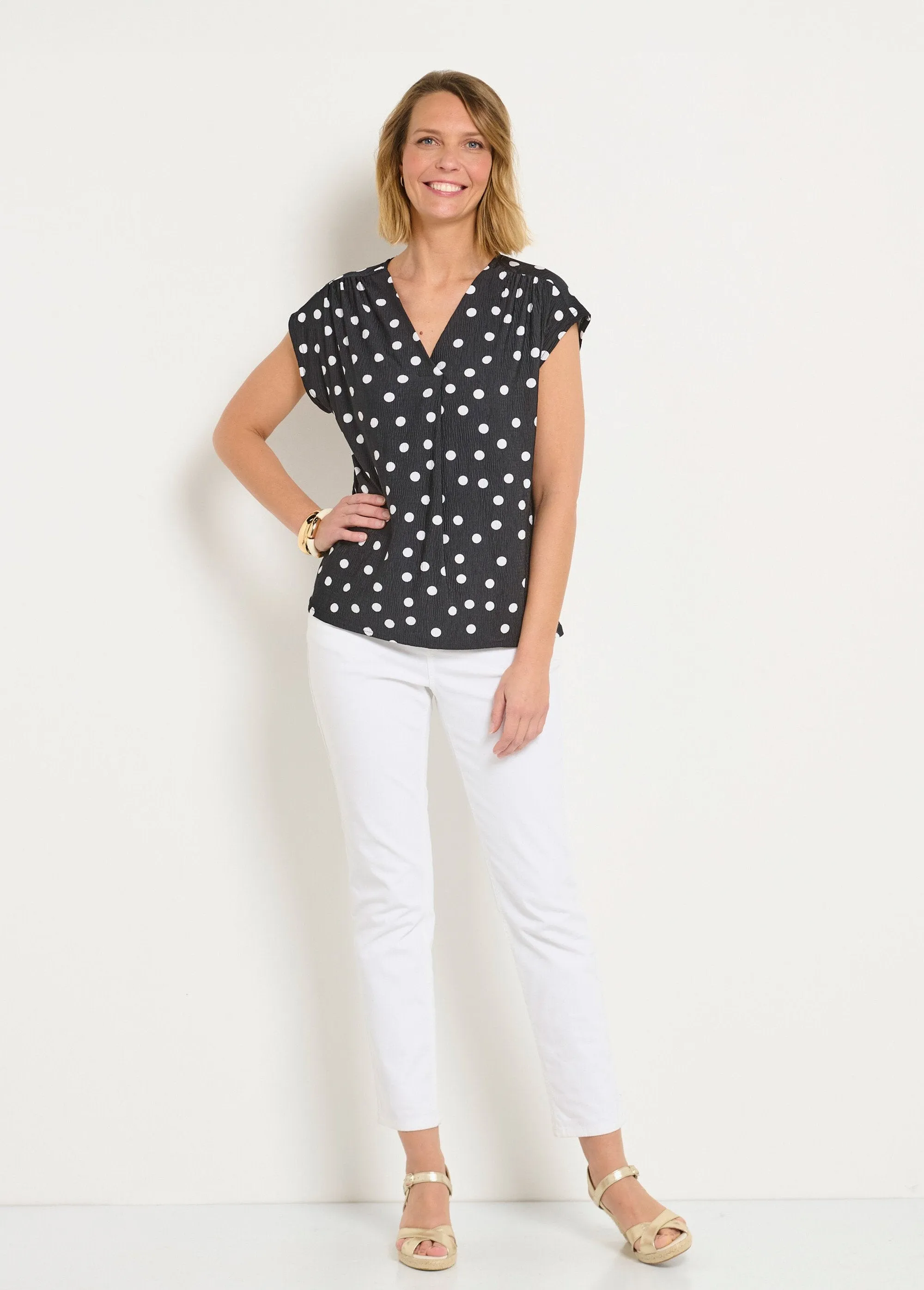 Polka dot print tunic with V-neck and kimono sleeves