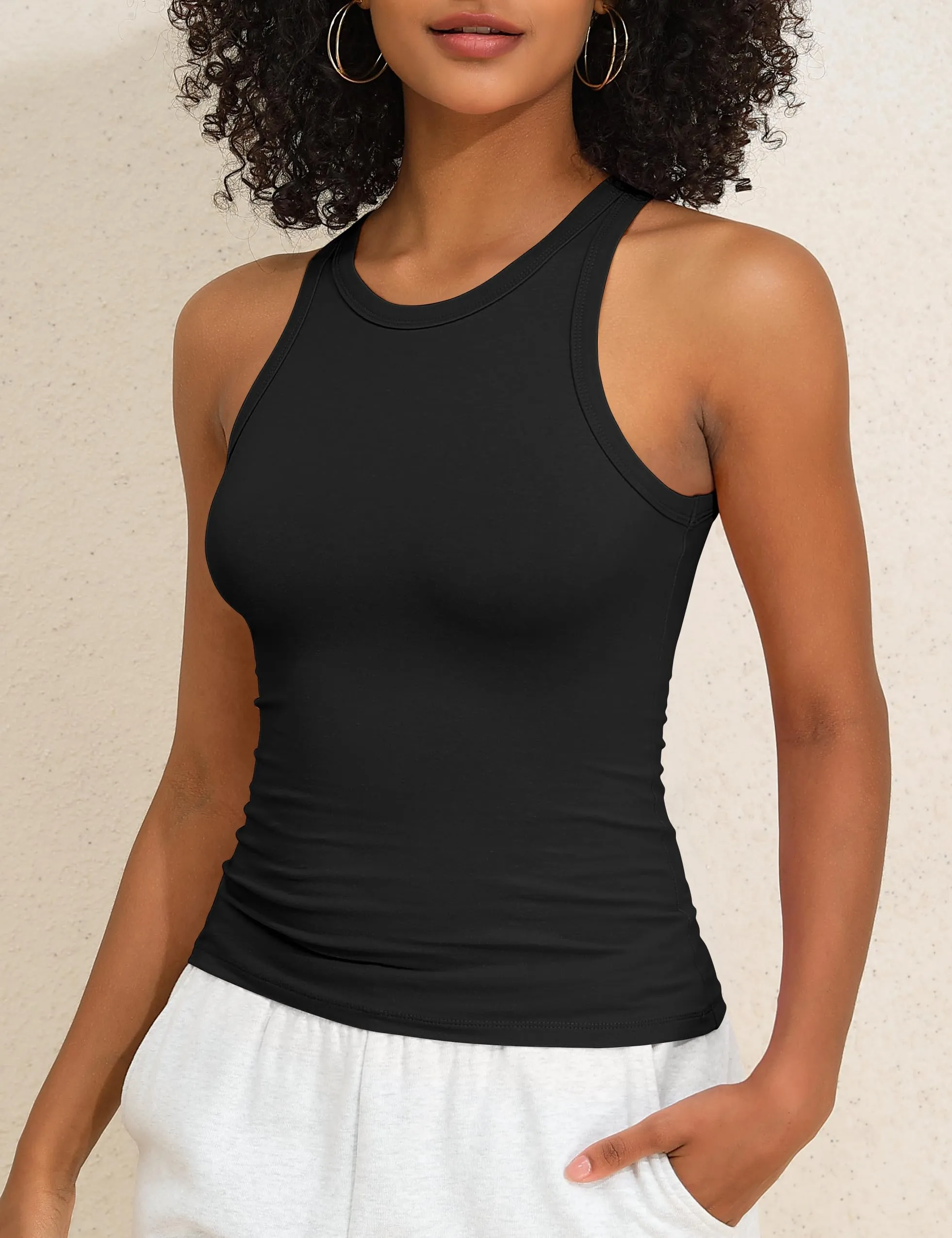 PrettyGuide Summer Womens Tank Tops Crew Neck Tight Fitted Sleeveless Shirts Cotton Jersey Basic Top Black M