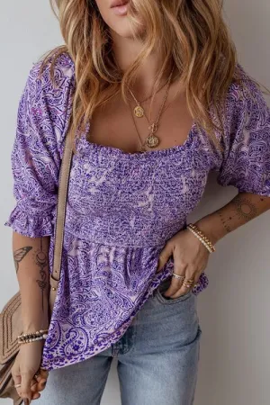Printed Square Neck Half Sleeve Blouse