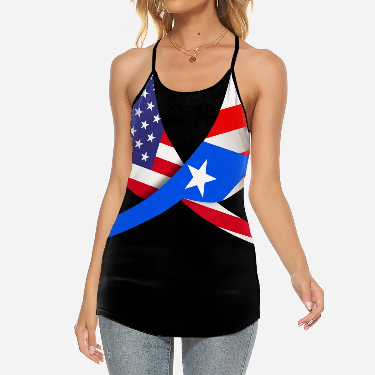Puerto Rico Coqui Flag Criss Cross Tank Top With American Flag