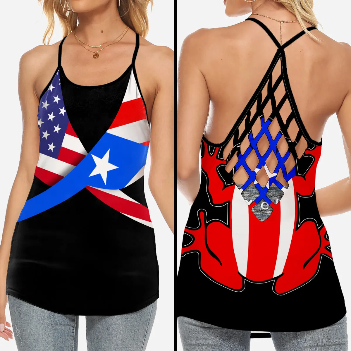 Puerto Rico Coqui Flag Criss Cross Tank Top With American Flag