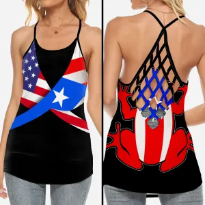 Puerto Rico Coqui Flag Criss Cross Tank Top With American Flag