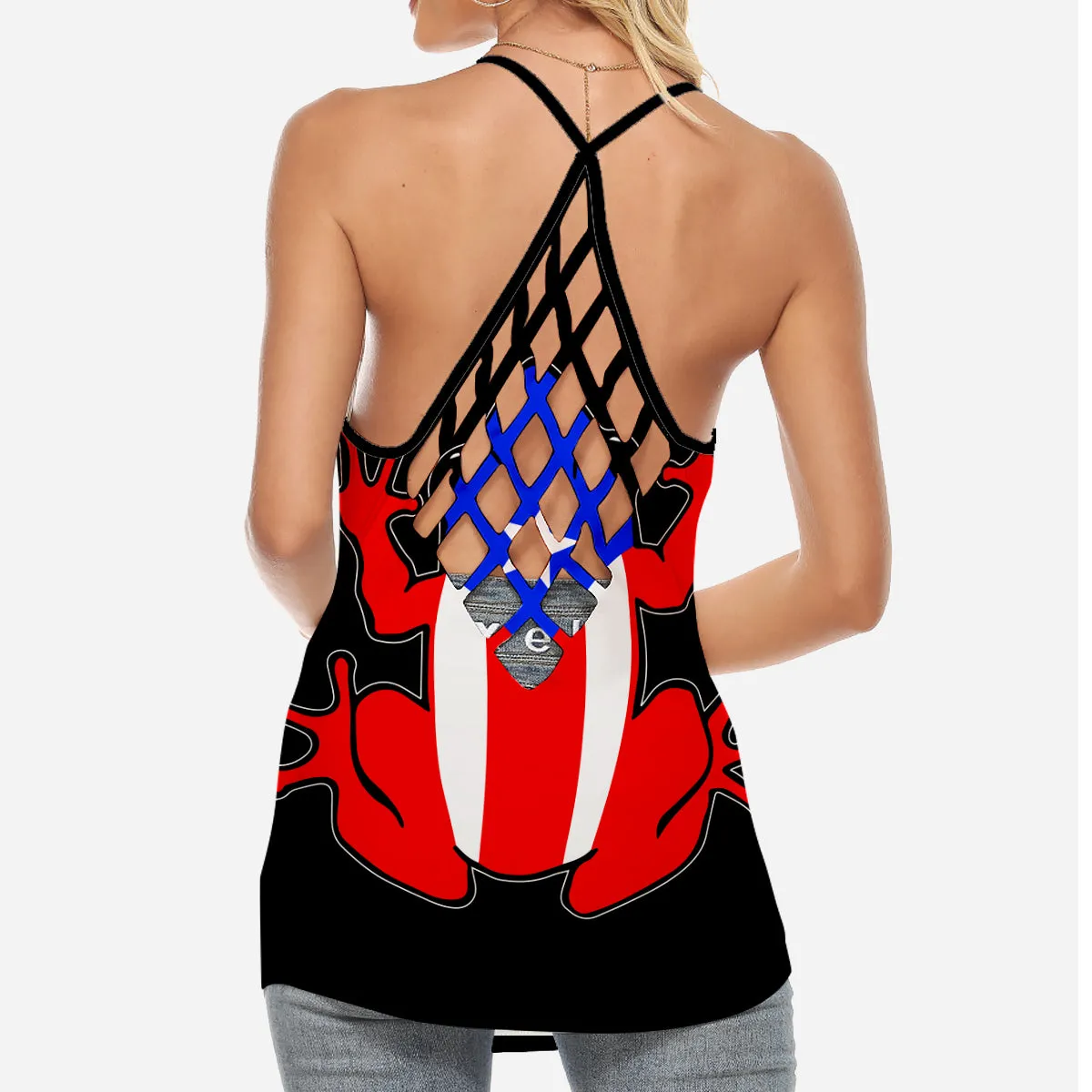Puerto Rico Coqui Flag Criss Cross Tank Top With American Flag