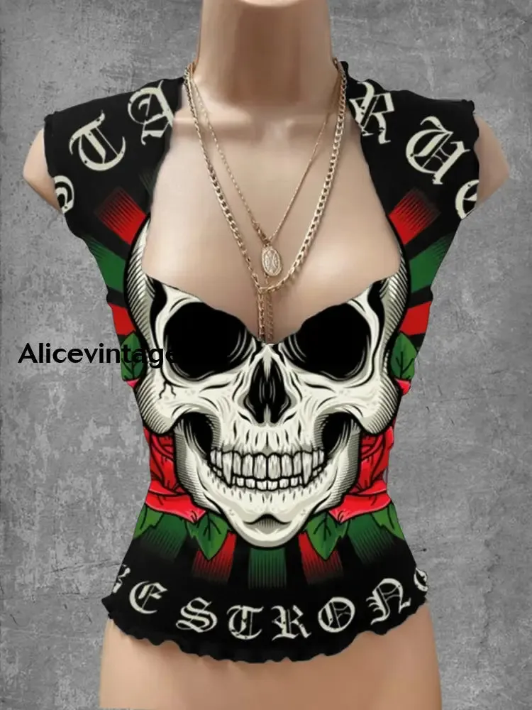 Punk Skull Art Print V-Neck Casual Top