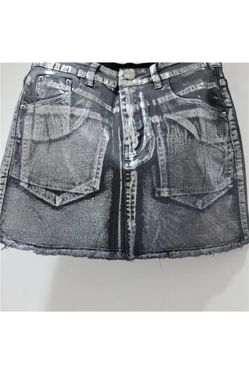 QK0696 Metallic Denim Skirt