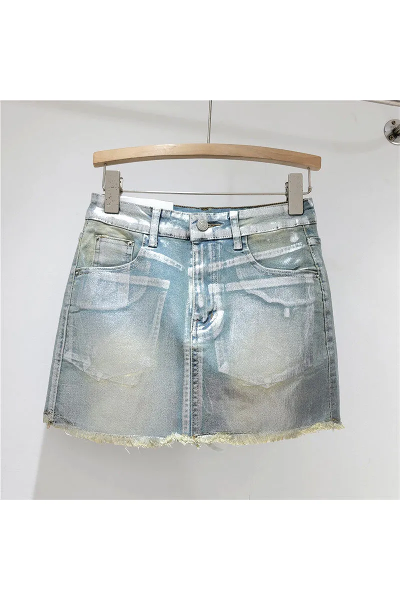 QK0696 Metallic Denim Skirt