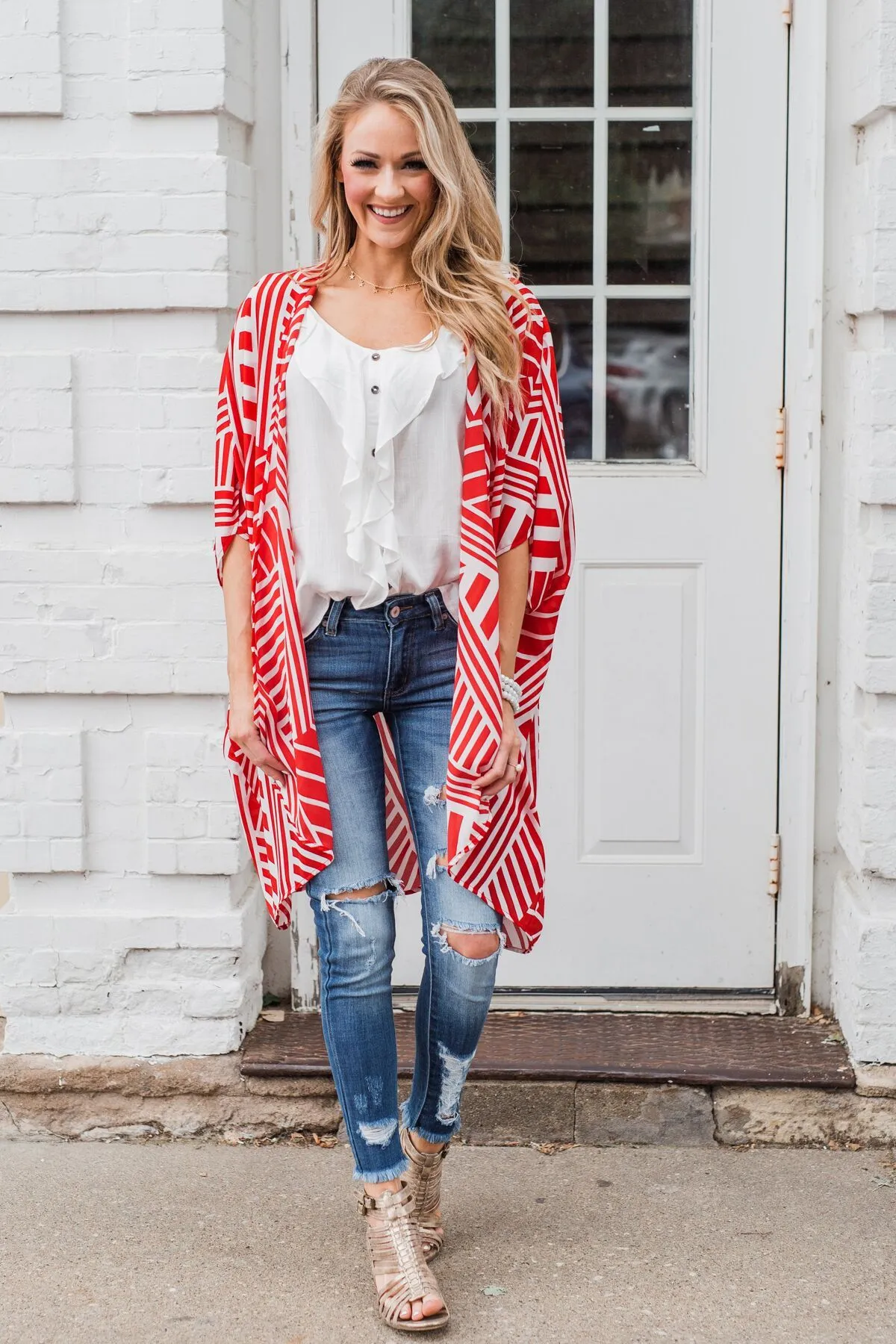 Radiant in Red Short Sleeve Kimono- Ivory